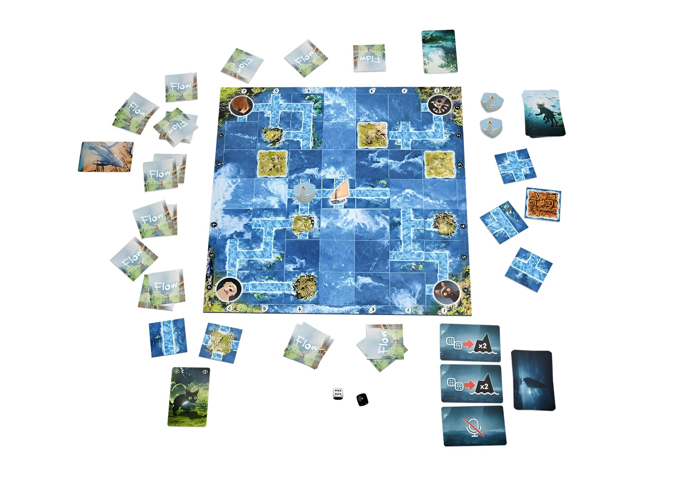 Brettspiel mit Karten, Würfeln und Spielsteinen auf einem weißen Hintergrund.