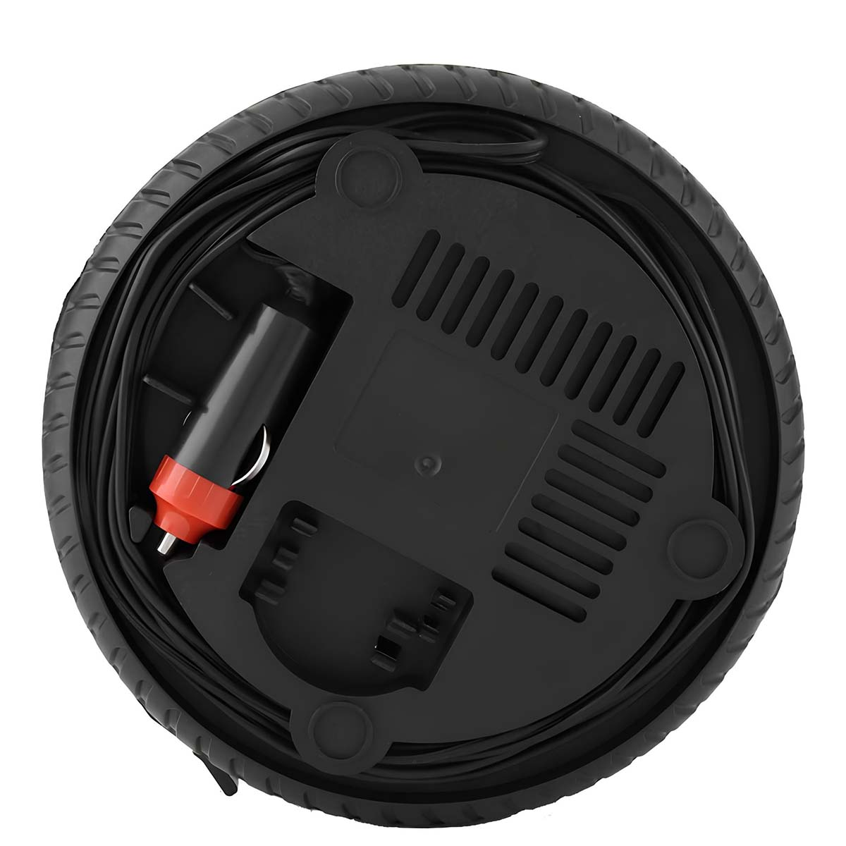 Schwarzer Kompressor mit aufgewickeltem Kabel und Zigarettenanzünderstecker.