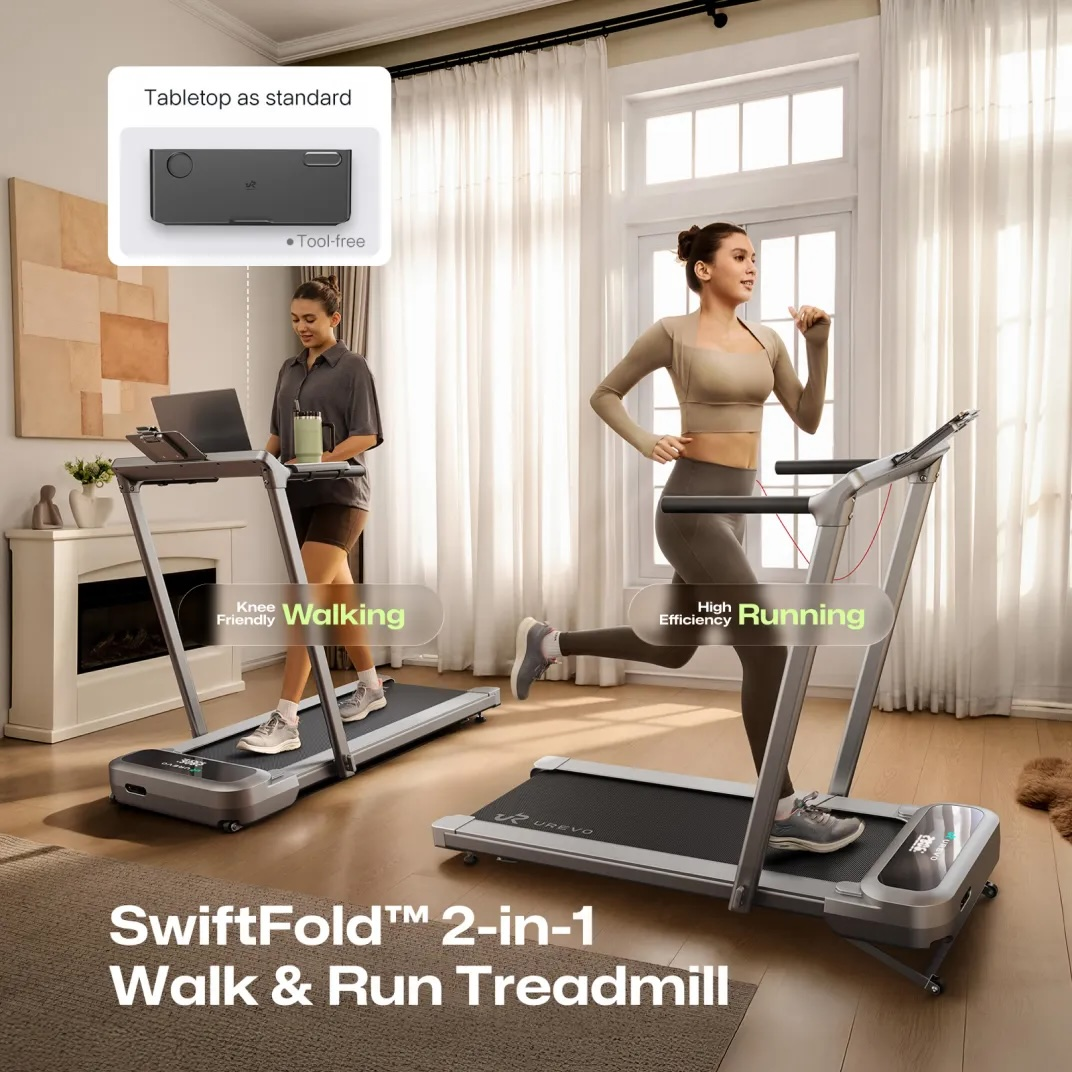 Dwie osoby używają bieżni. Jedna idzie z laptopem, druga biegnie. SwiftFold 2-w-1.