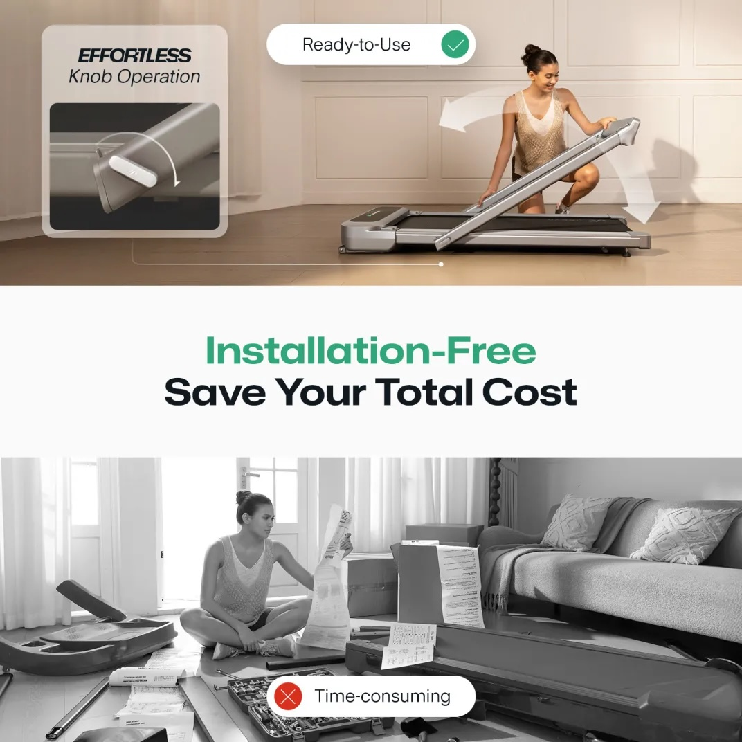 Kobieta rozkłada bieżnię. Zbliżenie pokazuje obsługę pokrętła. Tekst: Bez instalacji.