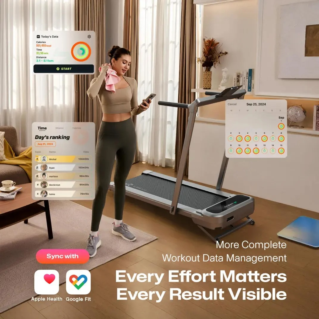 Kobieta z danymi treningowymi na telefonie obok bieżni, widok kalendarza.