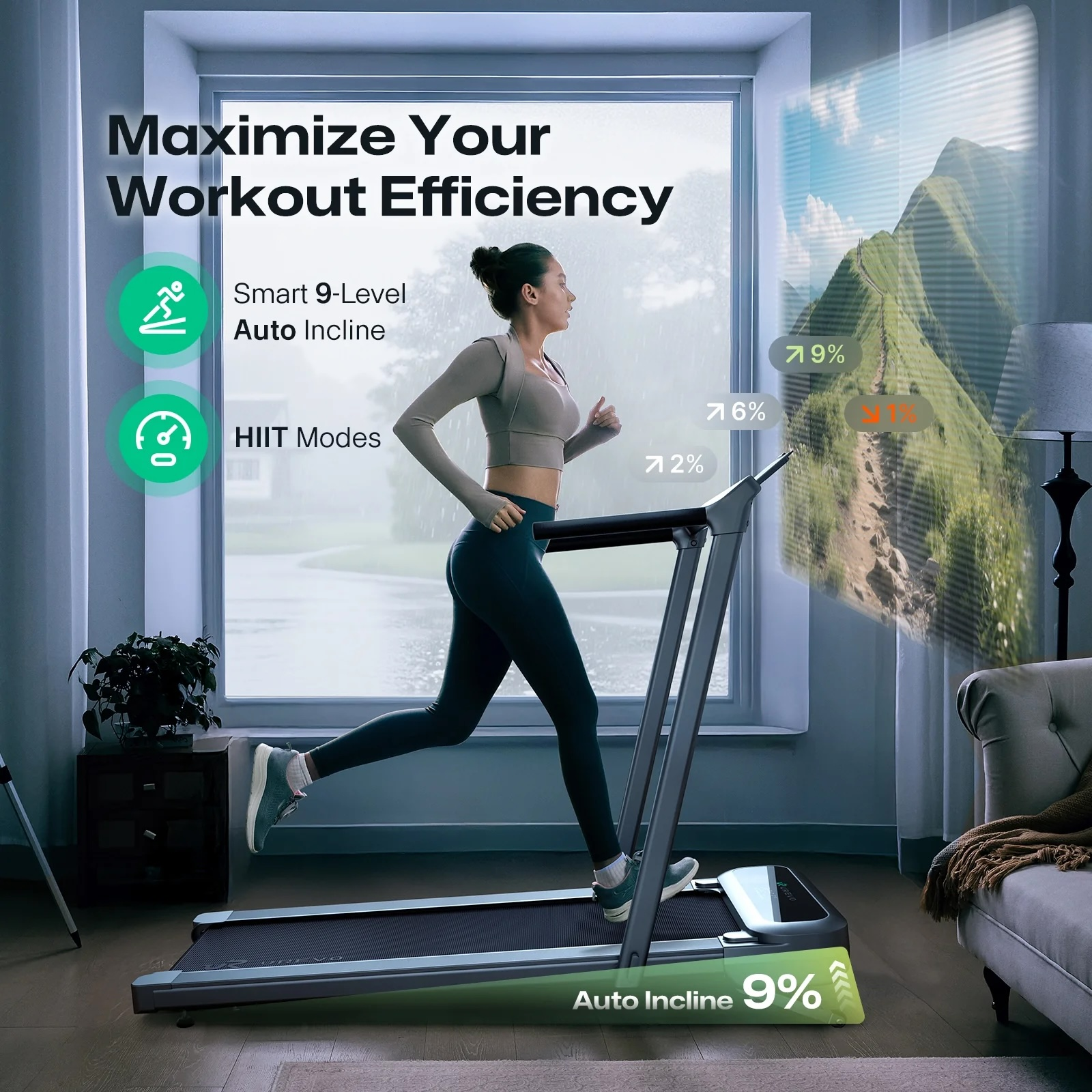 Kobieta biegnie na bieżni, krajobraz górski w oknie. Maksymalizuj efektywność.