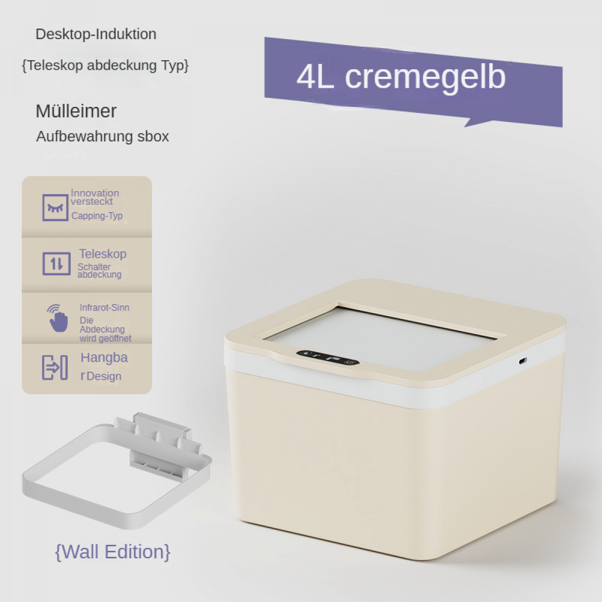 Ein cremefarbener Mülleimer mit Deckel, Infrarotsensor und Wandhalterung.