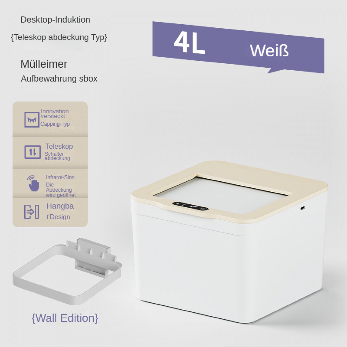 Ein weißer 4L Mülleimer mit beige abgesetztem Deckel und Zubehör.