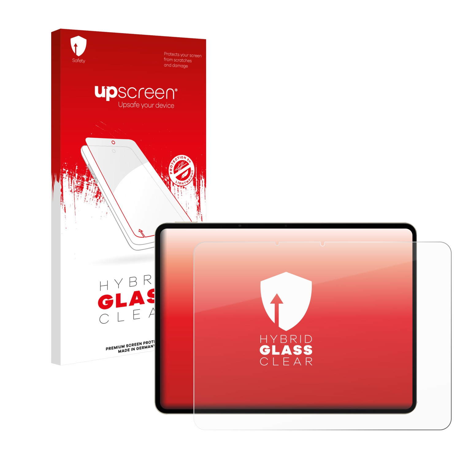 Verpackung und Displayschutzfolie für ein Tablet. Rot-weiße Verpackung mit Schriftzug.