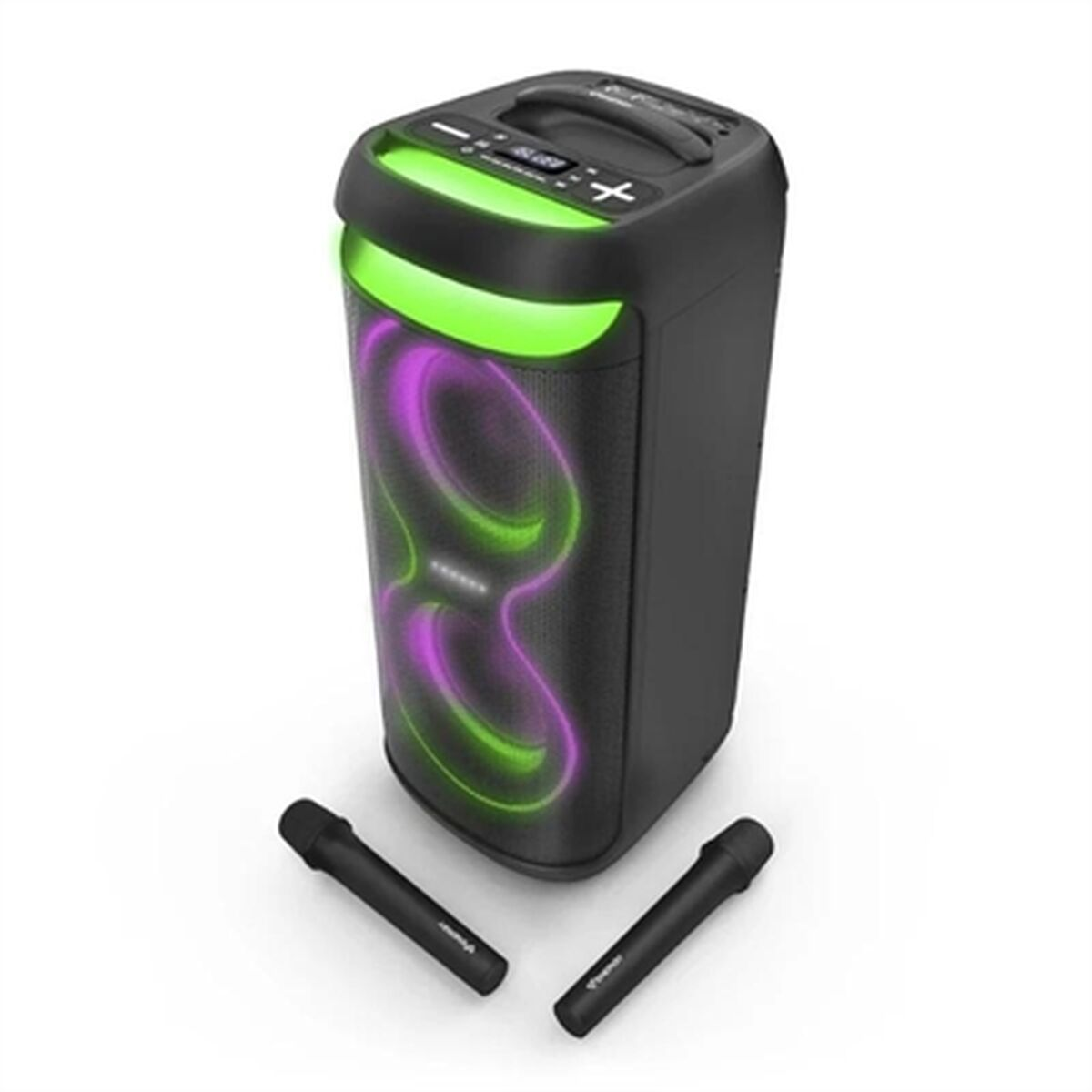 Altoparlante nero con illuminazione verde e viola e due microfoni.