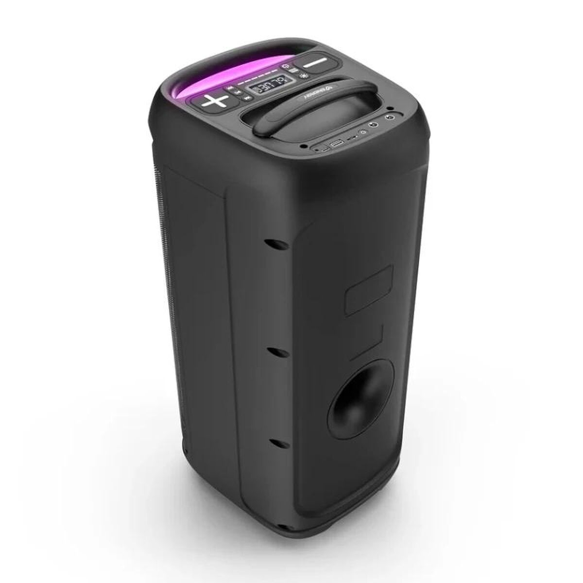 Altoparlante portatile nero con manico e display a LED. Sfondo bianco.