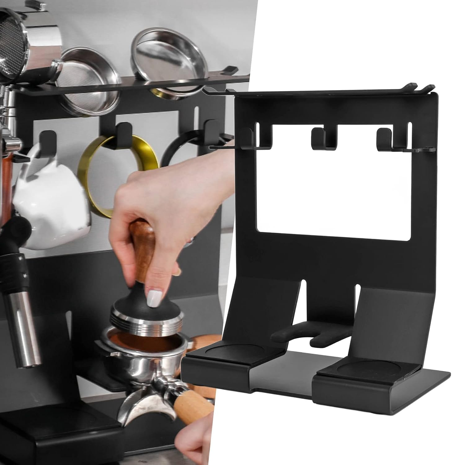 Kaffeemaschine mit Tamper und Zubehör, daneben ein schwarzer Ständer.