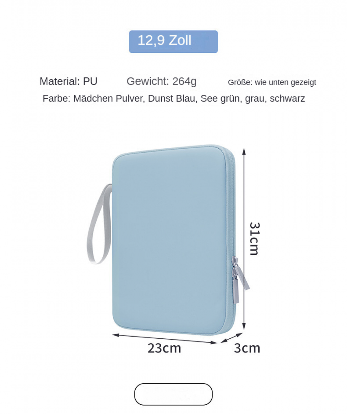 Hellblaue Tasche mit Reißverschluss, 23x31x3cm, aus PU, 264g.