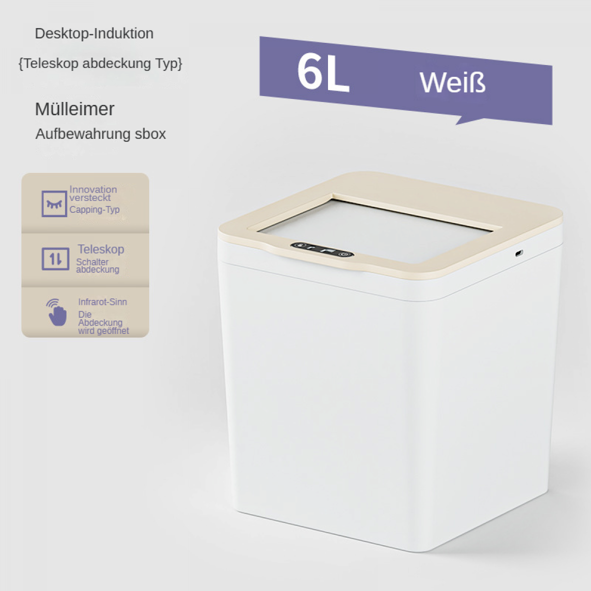 Ein weißer 6L Mülleimer mit Teleskop-Deckel, Induktion und Infrarot-Sensor.