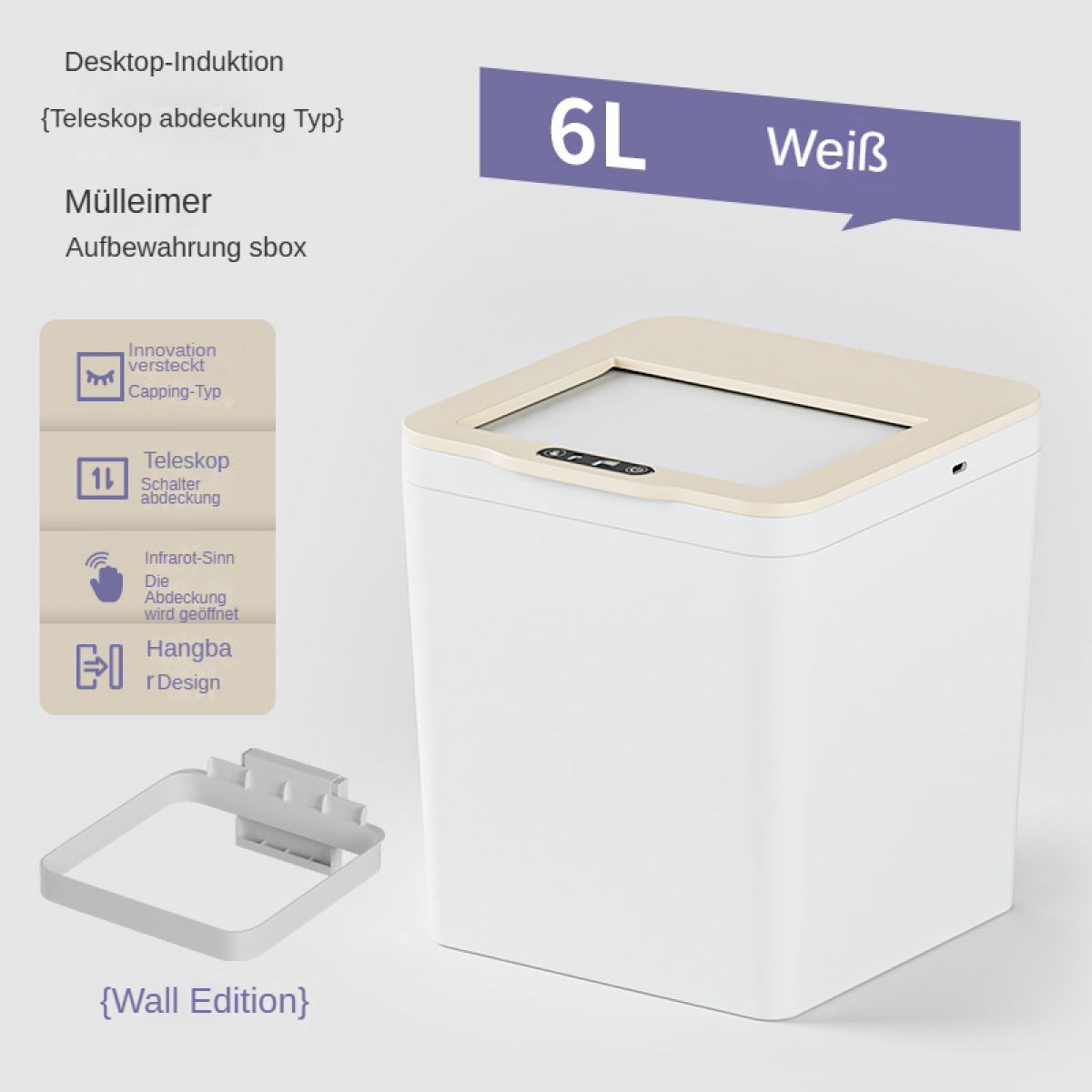 Ein weißer 6L Mülleimer mit Sensor, Teleskopabdeckung und Wandhalterung.