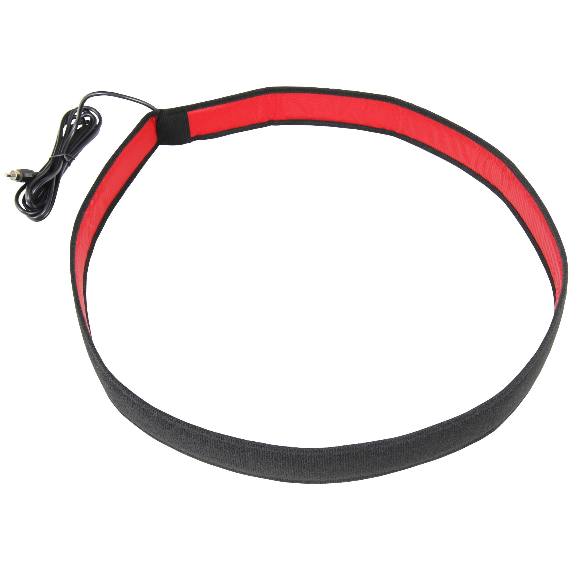 Ein rotes Band mit schwarzem Rand und Kabel, auf weißem Hintergrund.