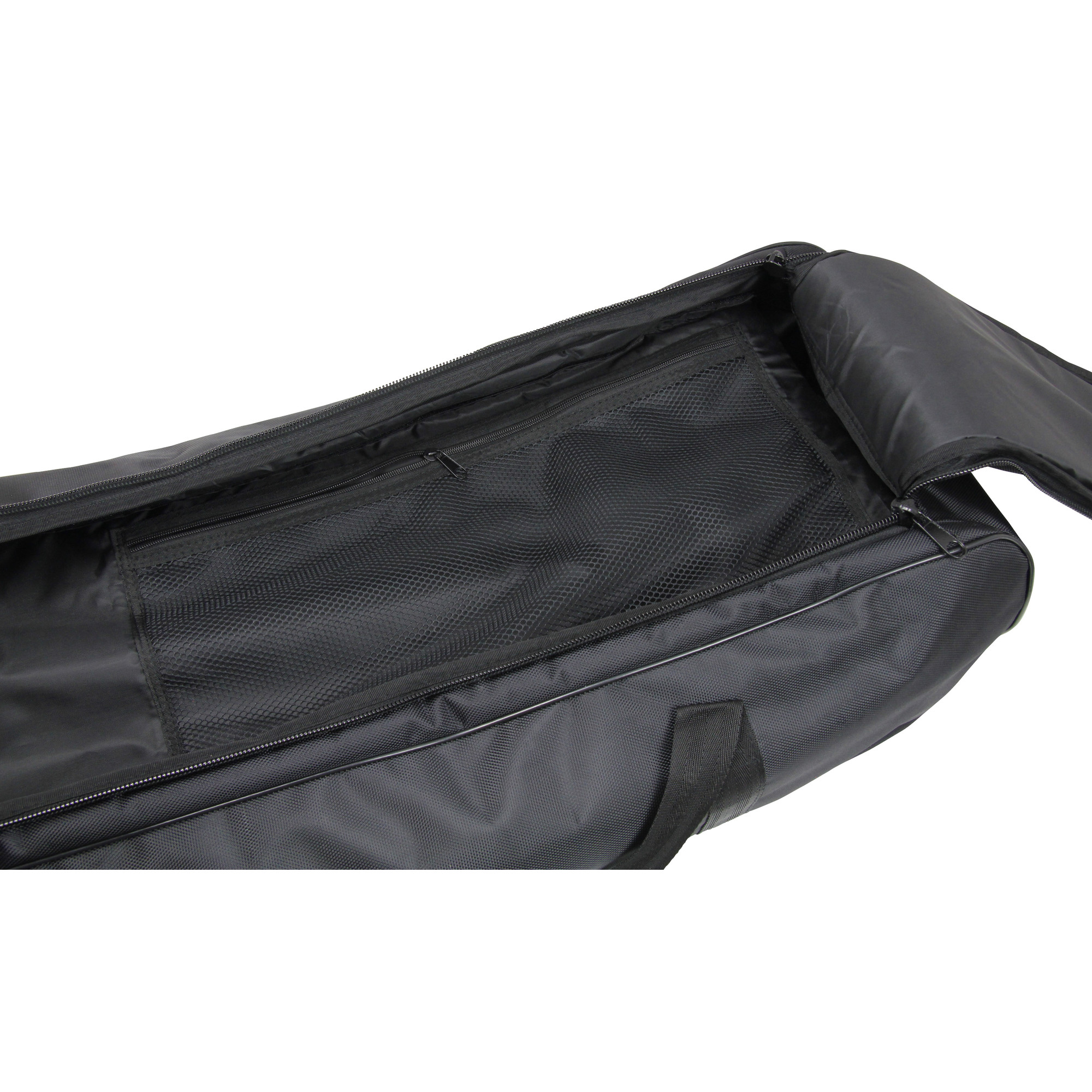 Schwarze Tasche mit offenem Reißverschluss und Netzfach im Inneren.