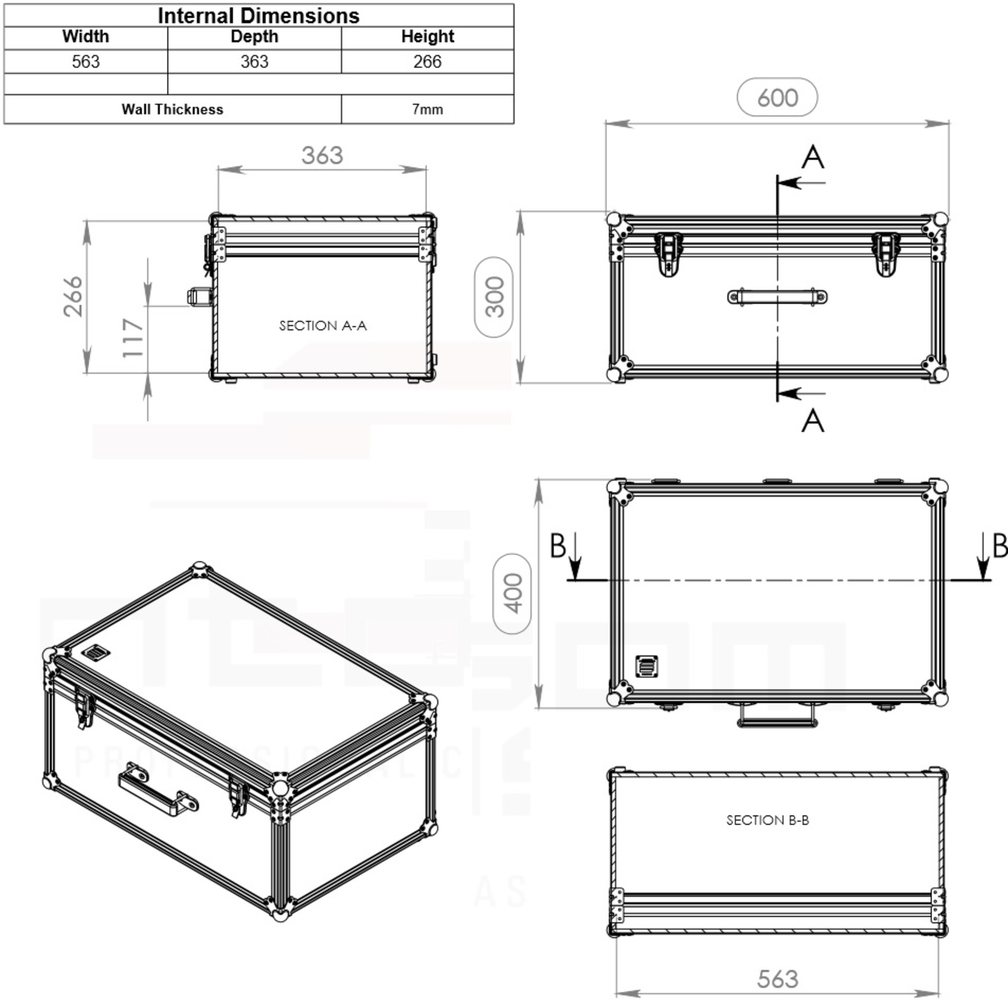 Technische Zeichnung eines Flightcases mit Maßen und Ansichten.