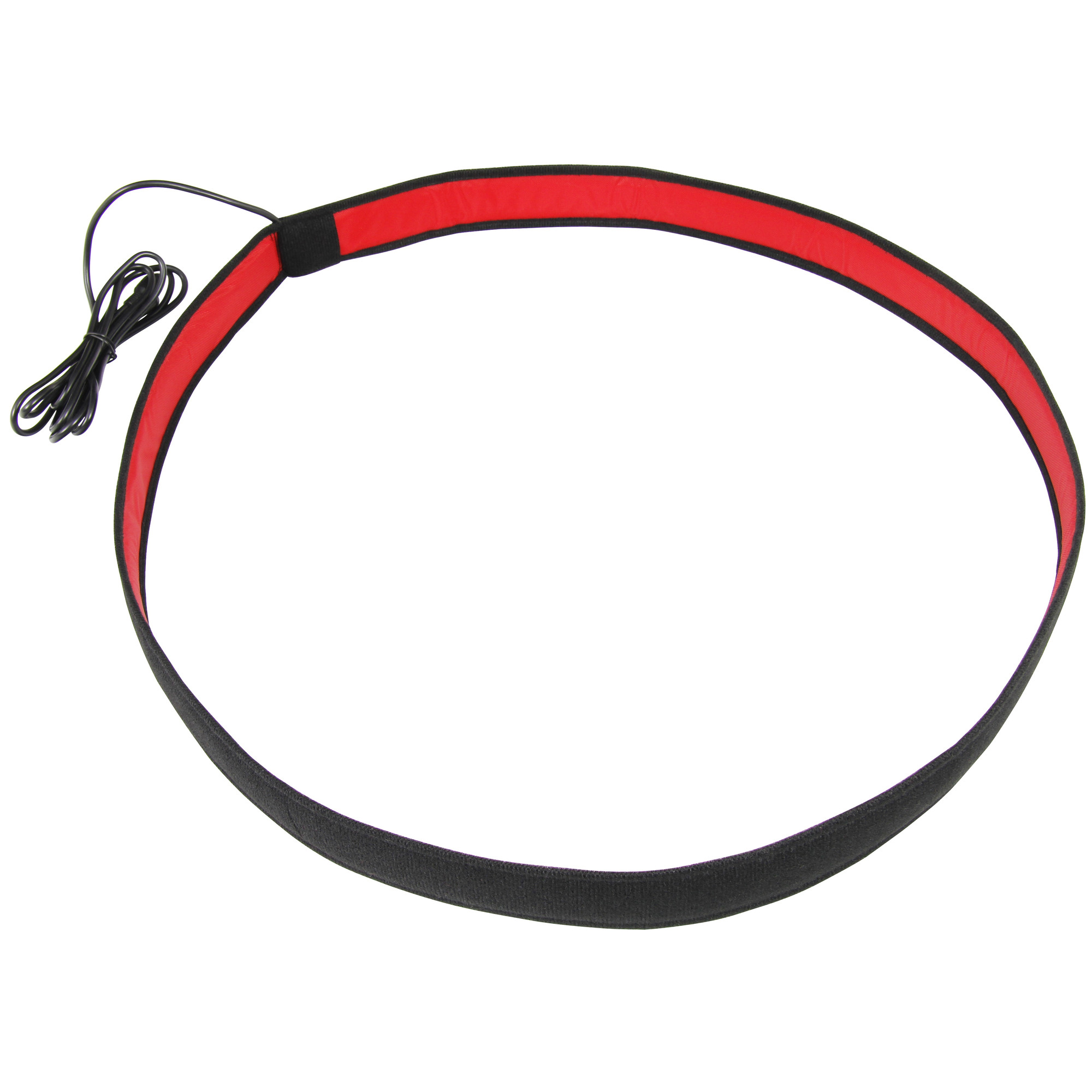 Ein rotes Band mit schwarzem Rand und Kabel, auf weißem Hintergrund.