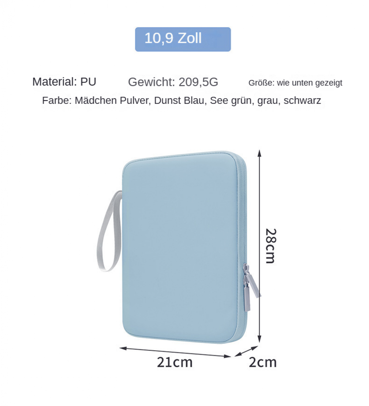 Hellblaue Tasche 21x28cm, aus PU, 209,5G Gewicht. Maße: 21x28x2cm.