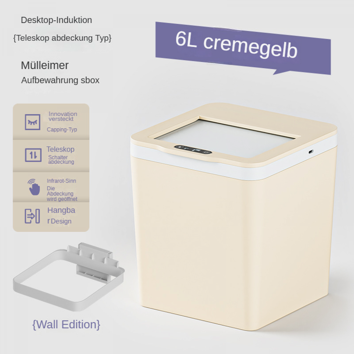 Ein cremefarbener 6L Mülleimer mit automatischer Deckelöffnung und Zubehör.