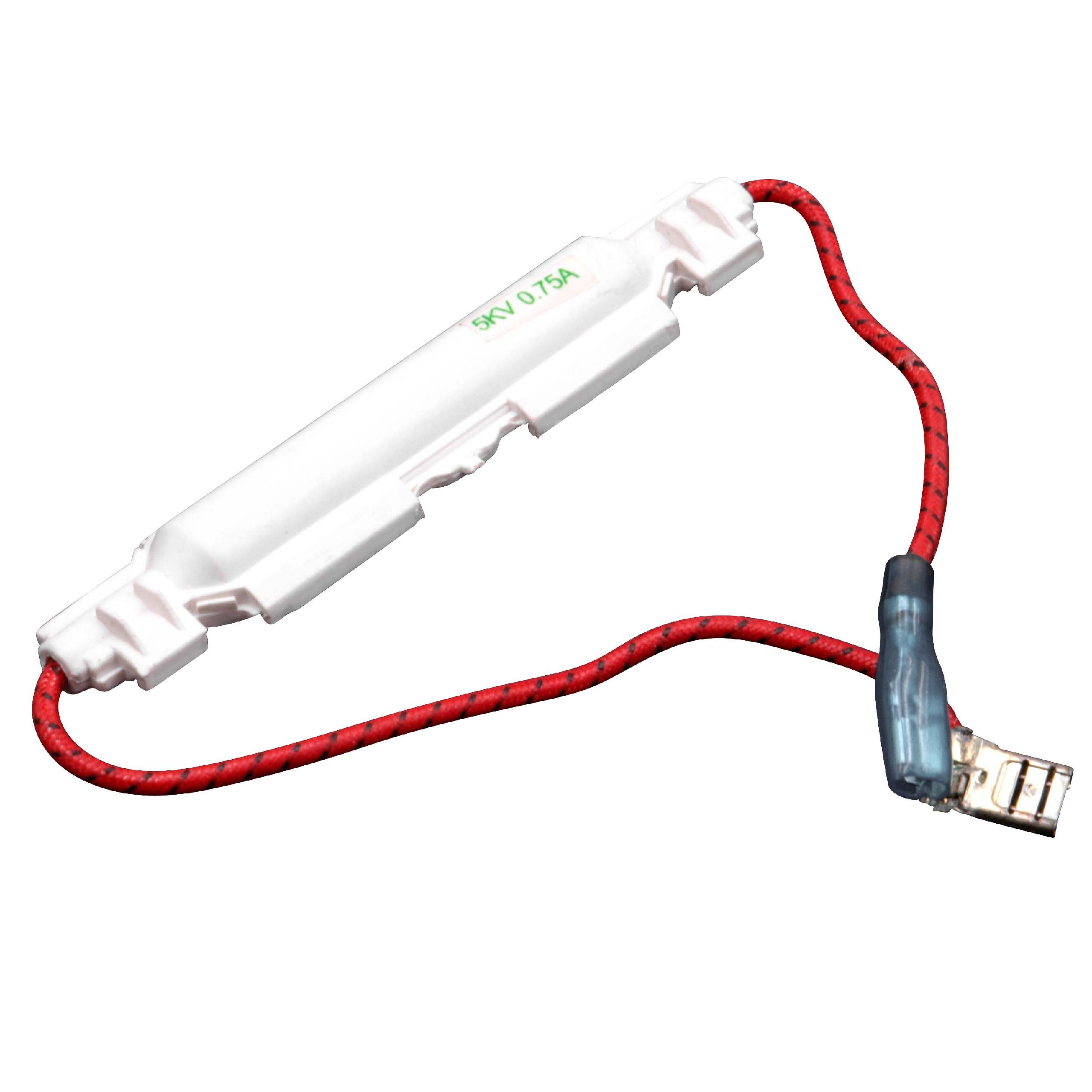 Ein weißer Sicherungssteckverbinder mit rotem Kabel und schwarzem Muster.