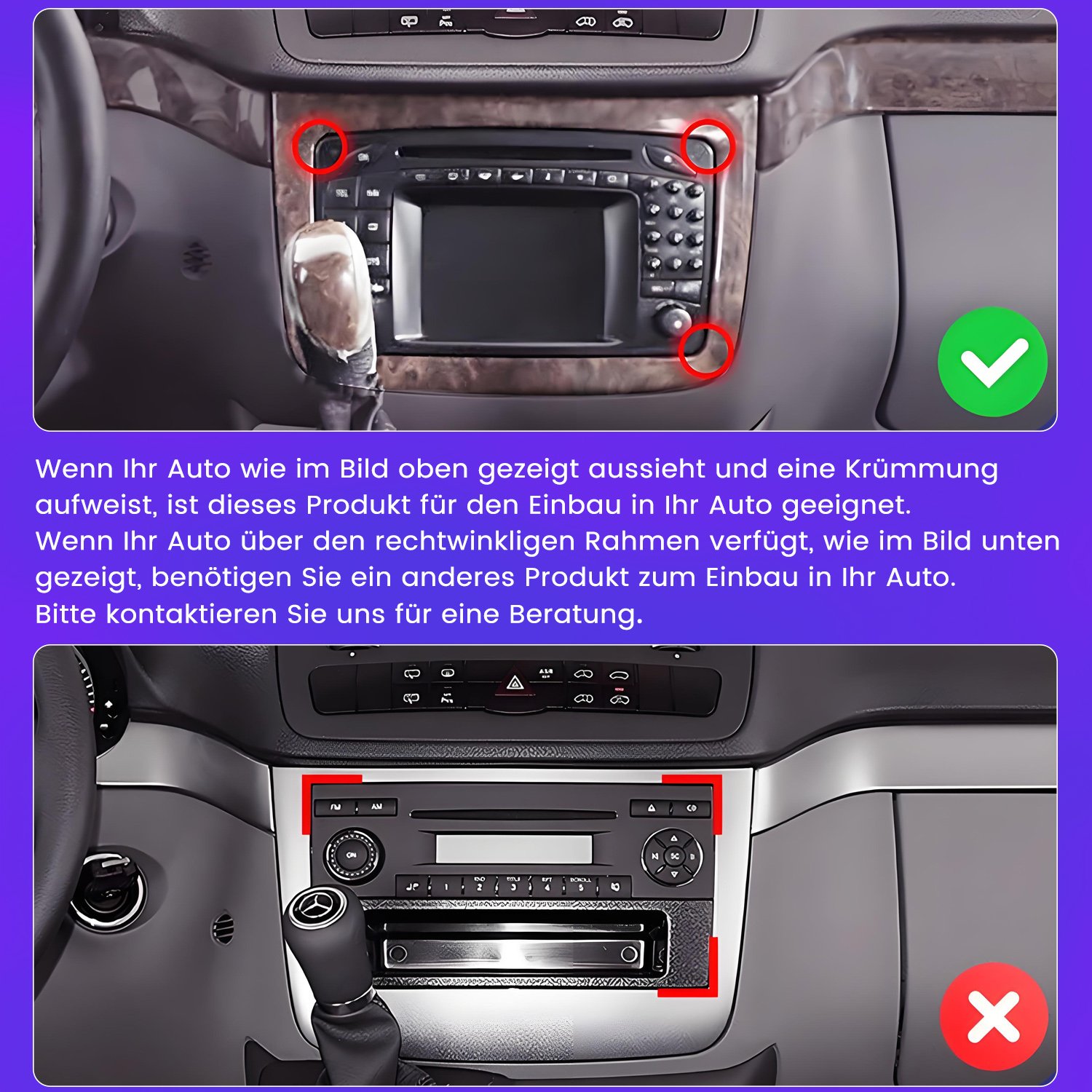 Oben: Auto-Armaturenbrett mit gekrümmter Mittelkonsole. Unten: eckige Konsole.