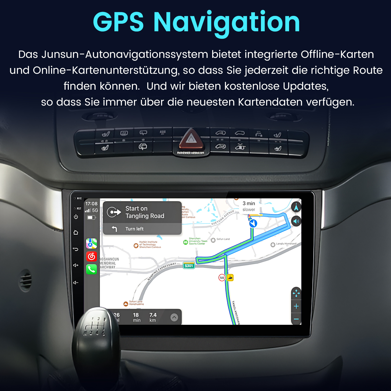 Ein Auto-Navigationssystem mit Karte, das die Route anzeigt.