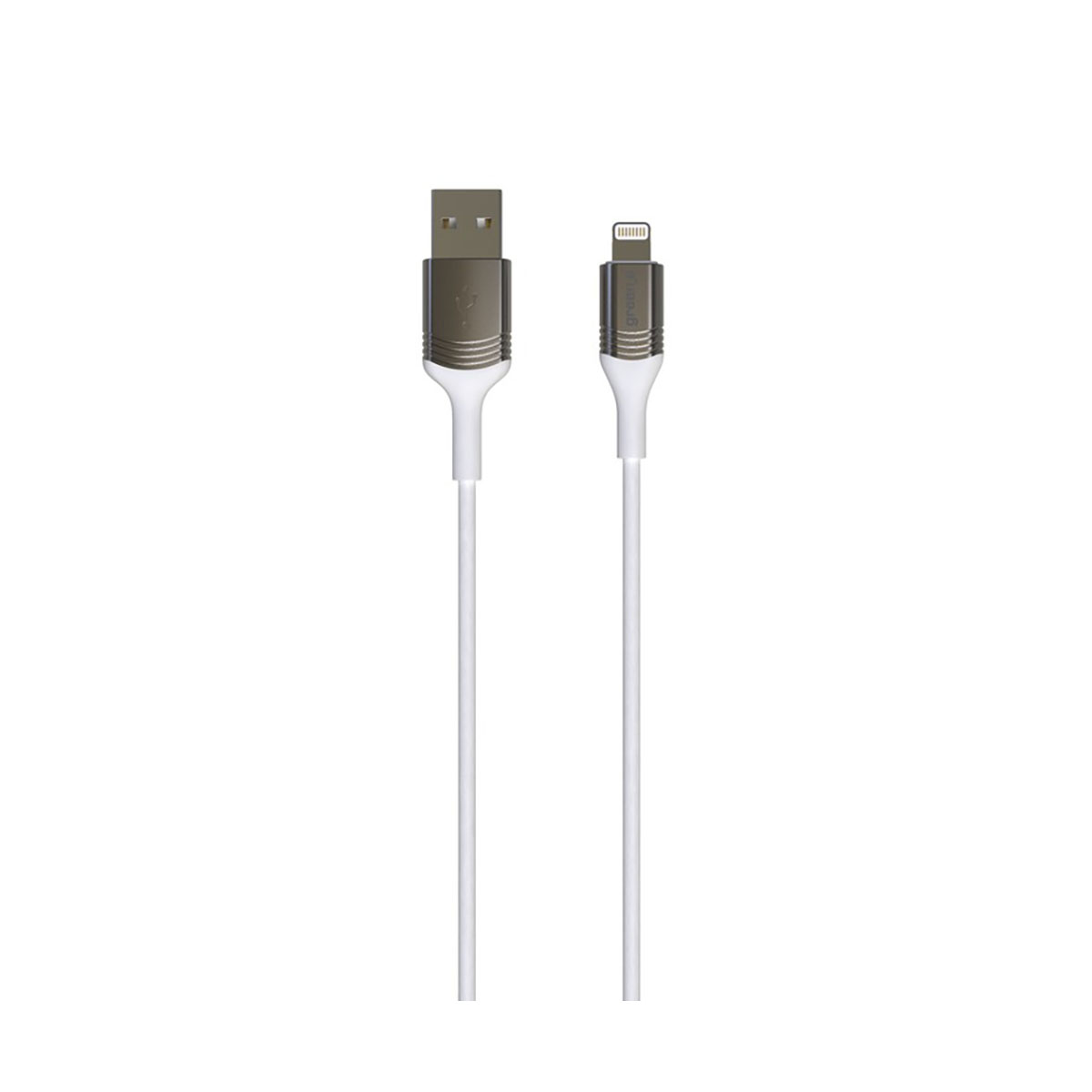 Un cavo da USB a Lightning bianco con connettori metallici.