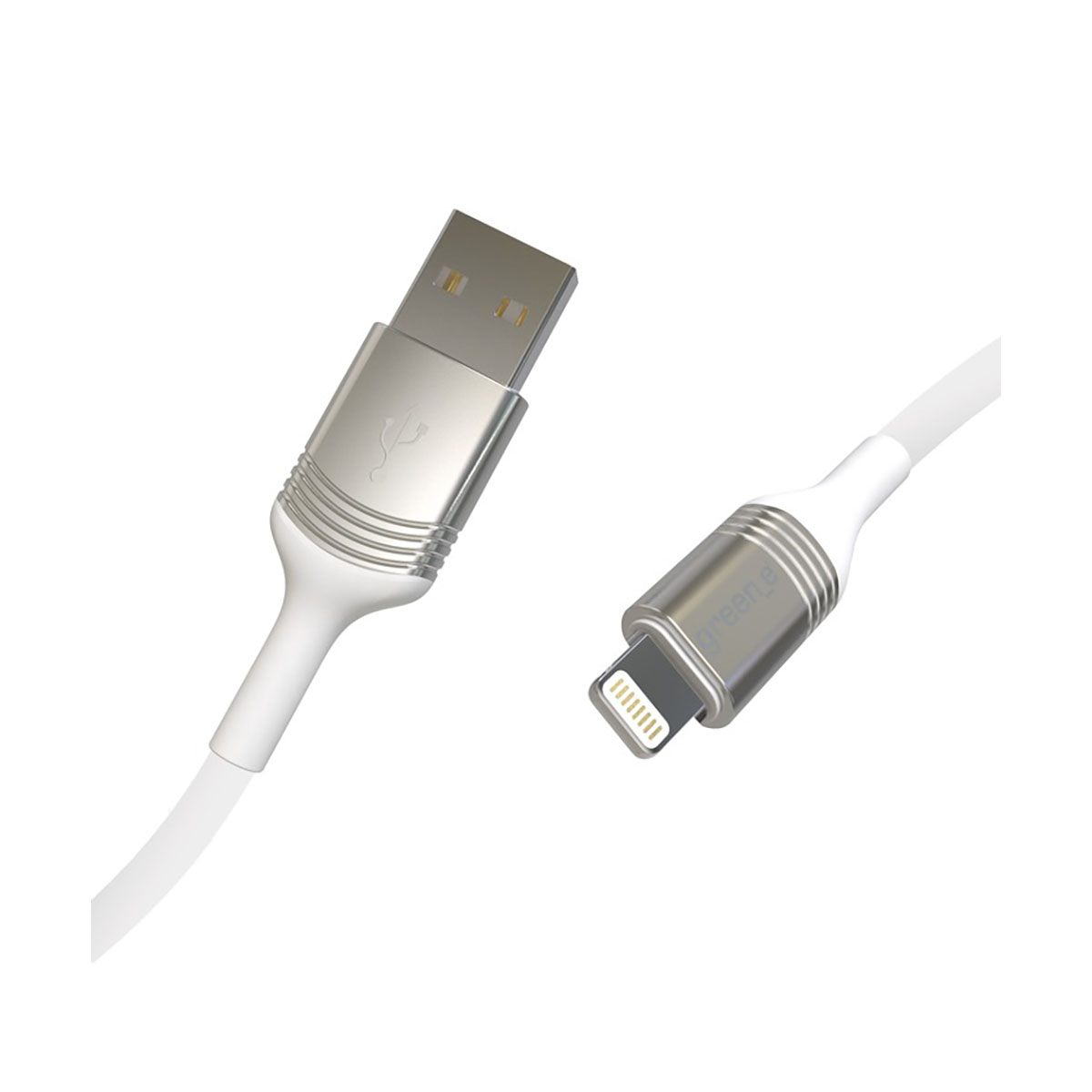 Un cavo di ricarica bianco con connettori USB-A e Lightning argentati.