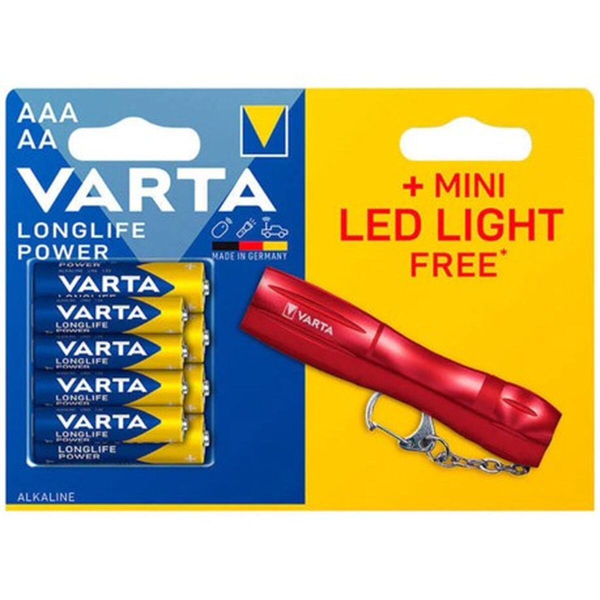 Batterie Varta AA e una torcia LED rossa con portachiavi, confezionate insieme.
