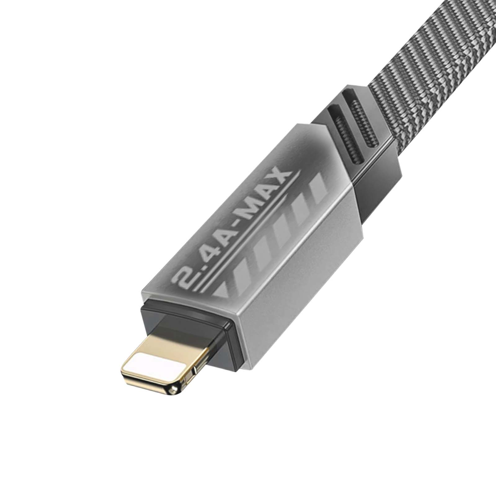 Câble de chargement gris avec connecteur Lightning, étiqueté 2.4A-MAX.