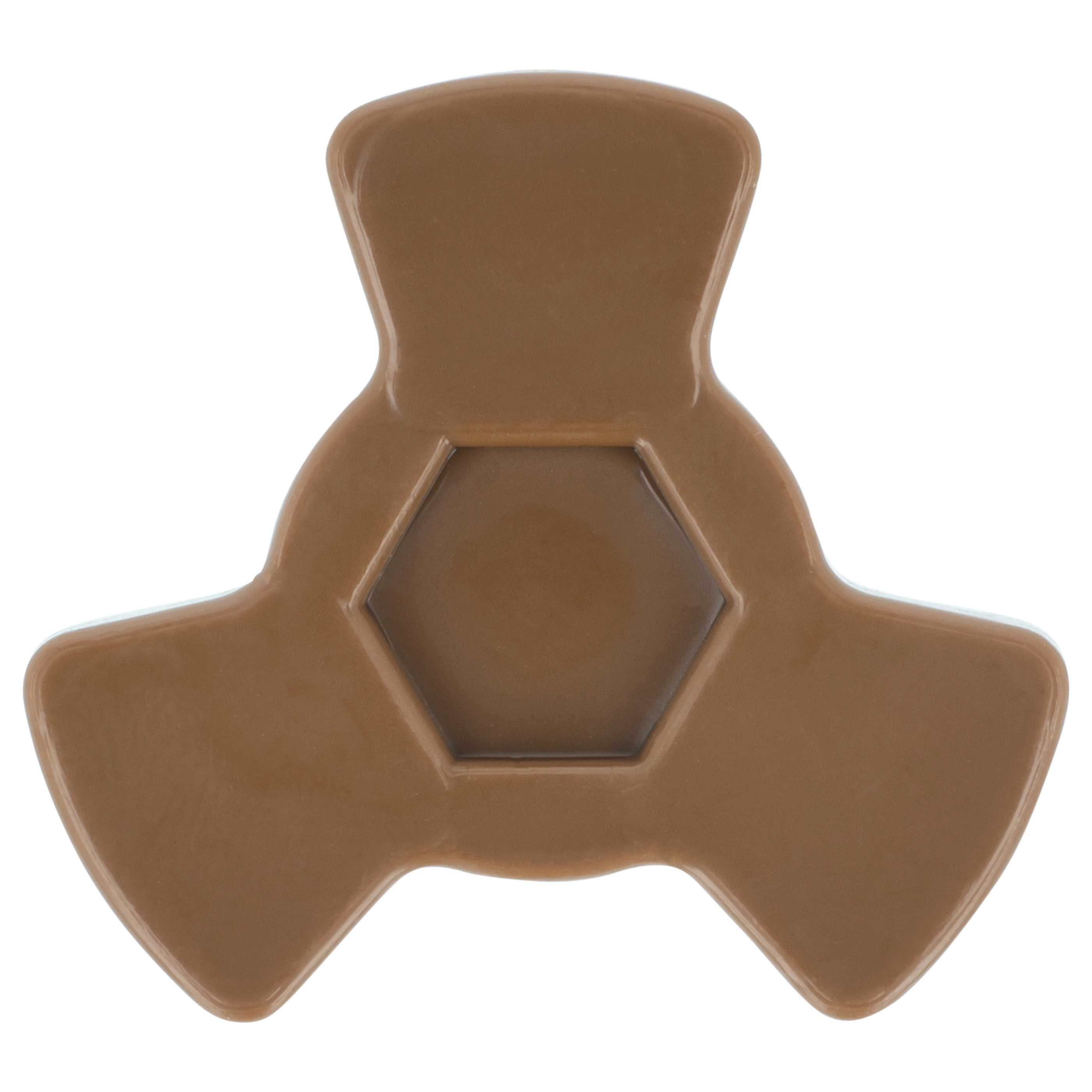 Ein brauner dreiblättriger Spinner mit sechseckigem Mittelteil.
