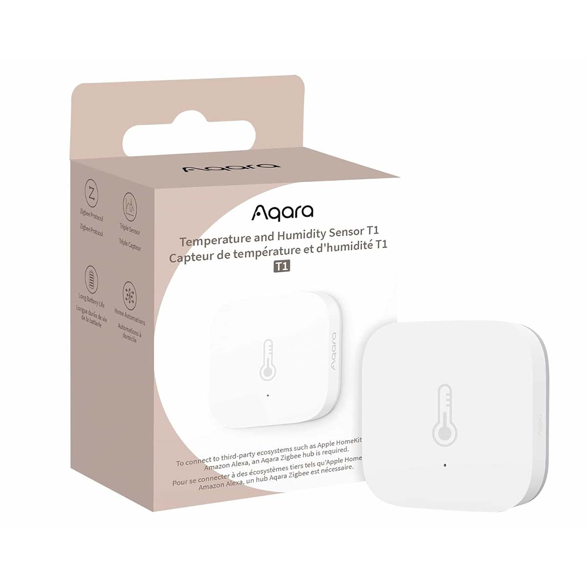 Sensore Aqara T1 temp. e umidità su confezione. Sensore bianco con icona termometro.