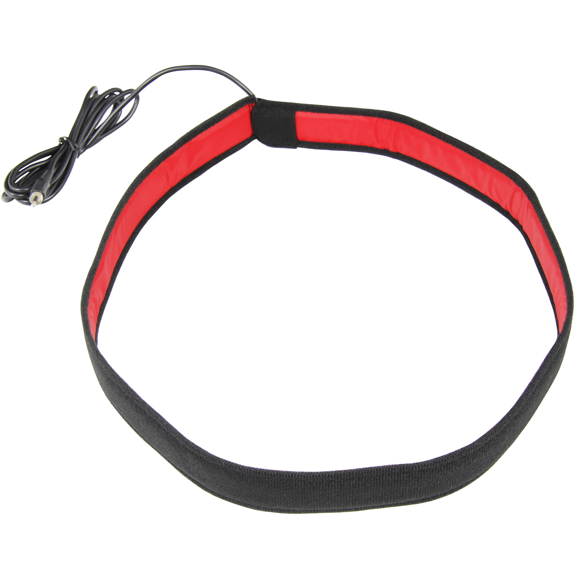 Ein schwarzes Stirnband mit roten Akzenten und einem Kabel.