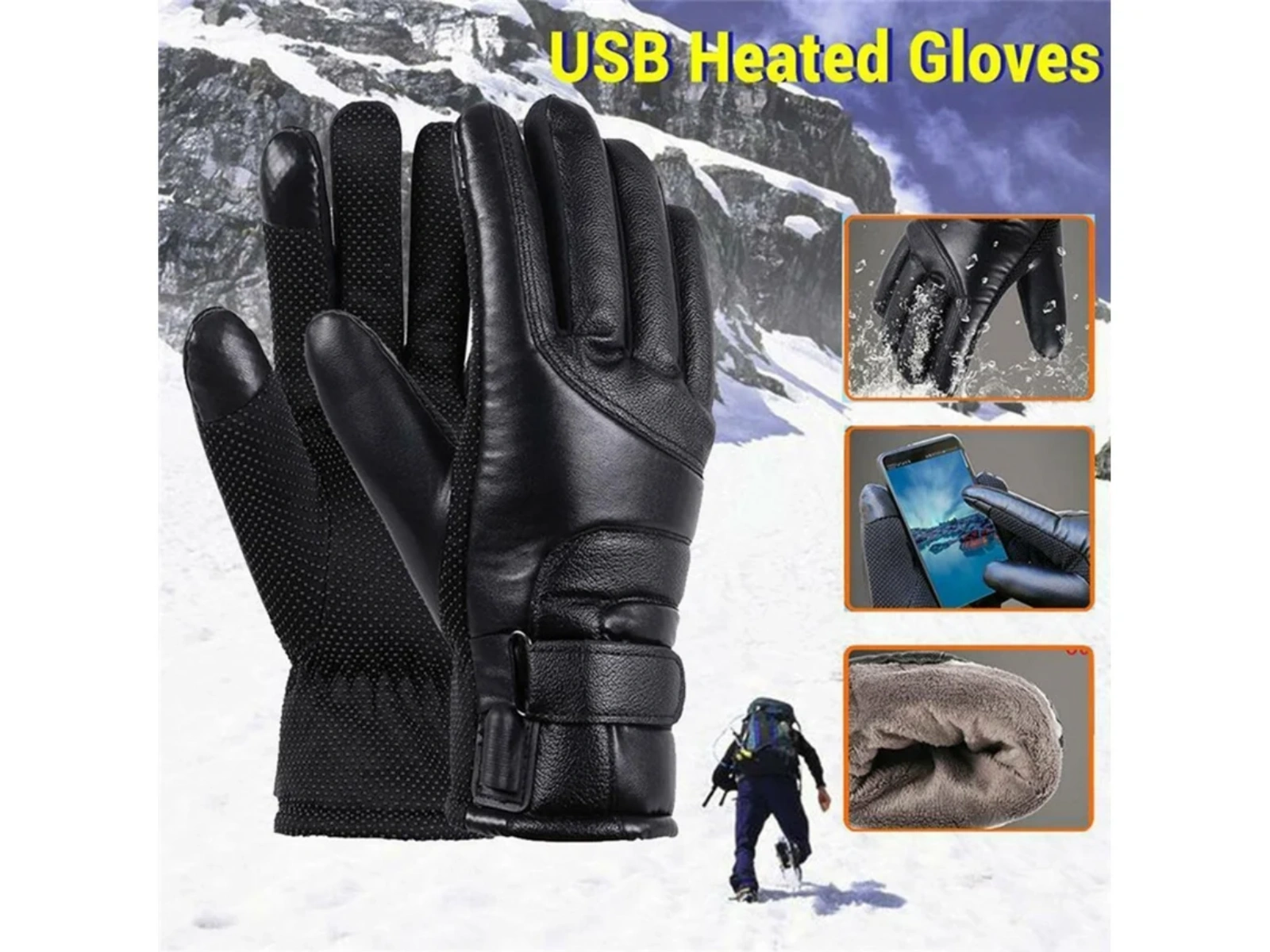 Schwarze USB-Heizhandschuhe vor verschneiter Bergkulisse mit Wanderer.