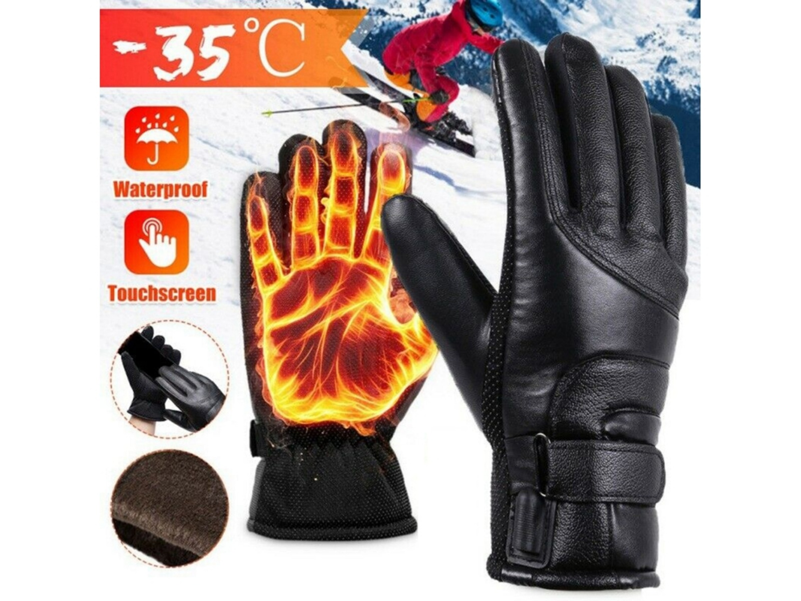 Schwarze Winterhandschuhe mit Heizhandflächengrafik, -35C, wasserdicht, Touchscreen.