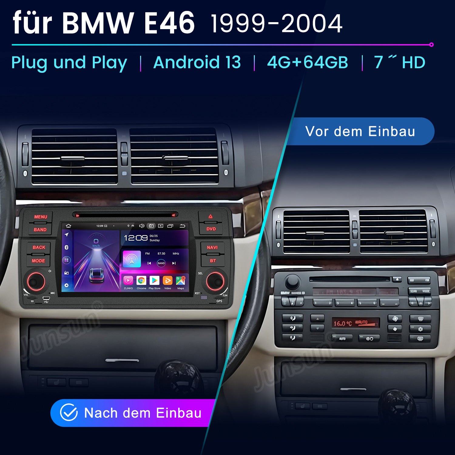 Vorher/Nachher Vergleich eines BMW E46 Autoradios mit Touchscreen-Display.