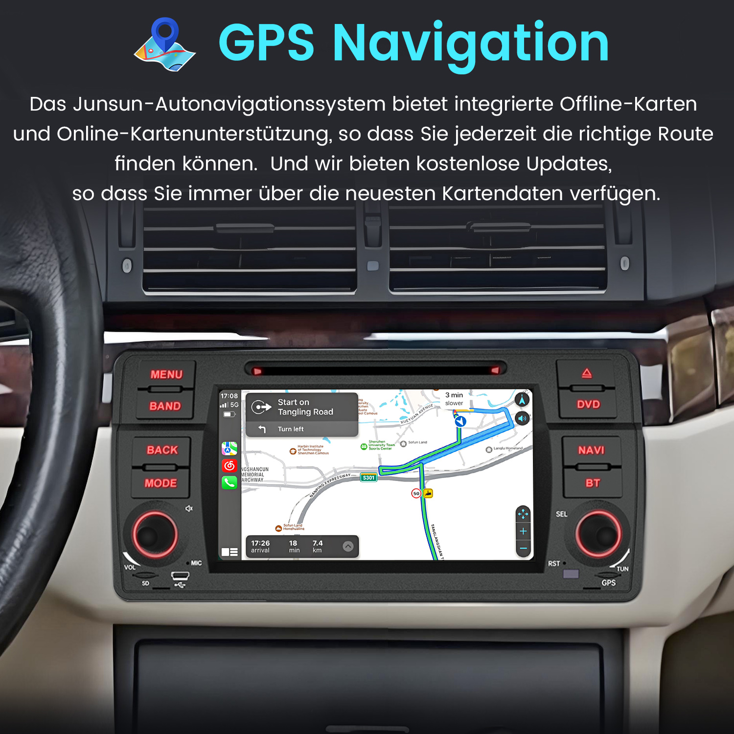Ein Auto-Navigationssystem mit Karte zeigt eine Route an. "GPS Navigation" steht oben.