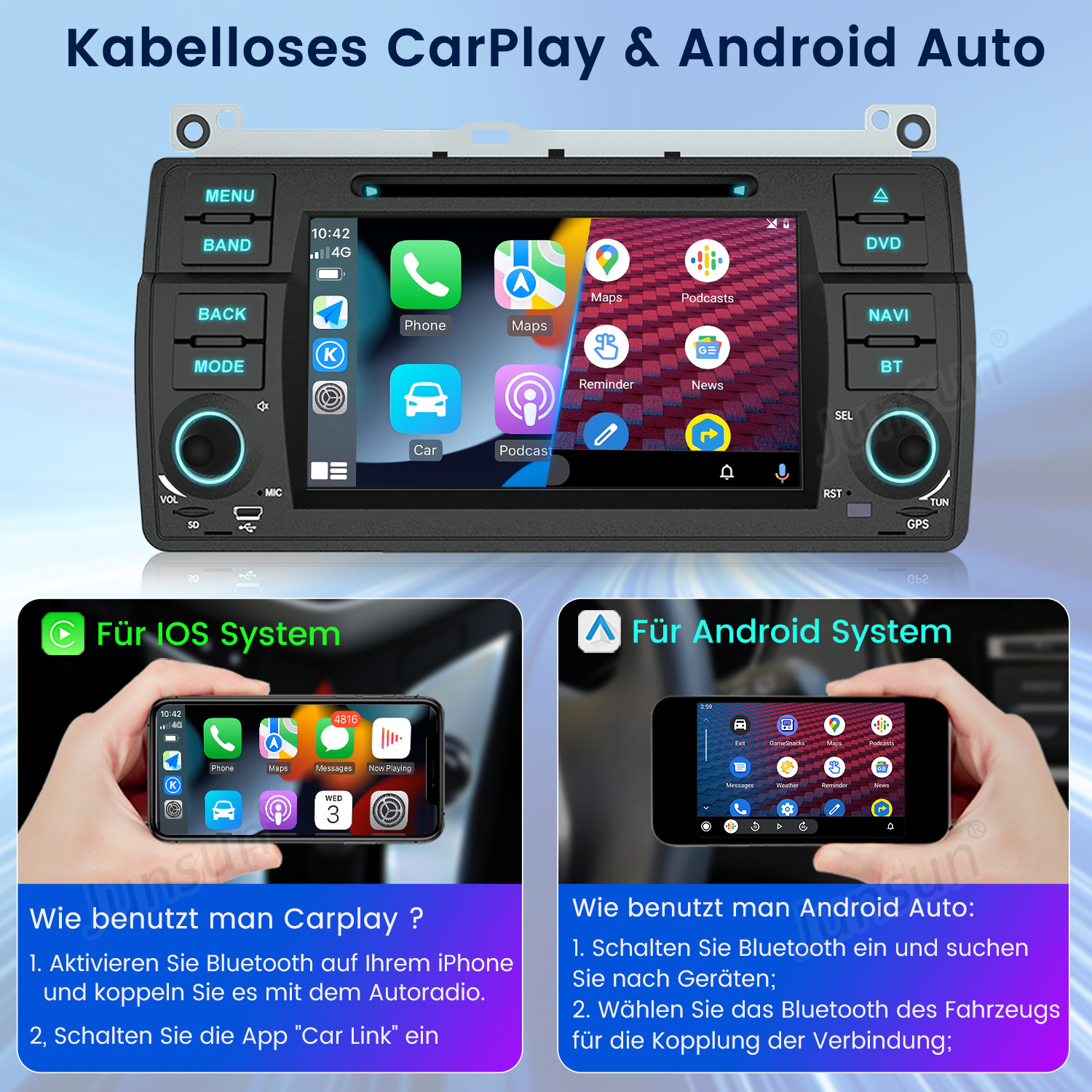 Ein Autoradio mit Touchscreen zeigt die Benutzeroberflächen von CarPlay und Android Auto.