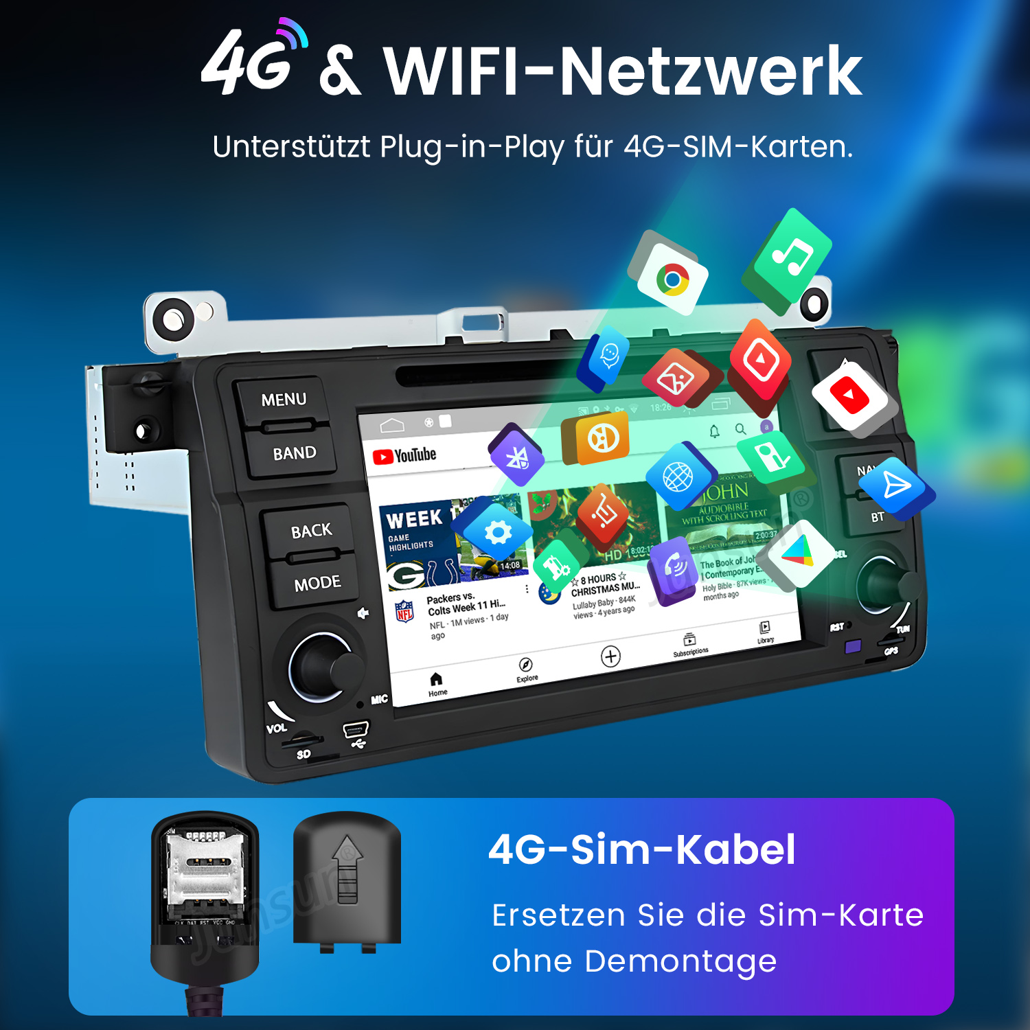 Autoradio mit Touchscreen zeigt YouTube und App-Icons. Enthält 4G-SIM-Kabel.