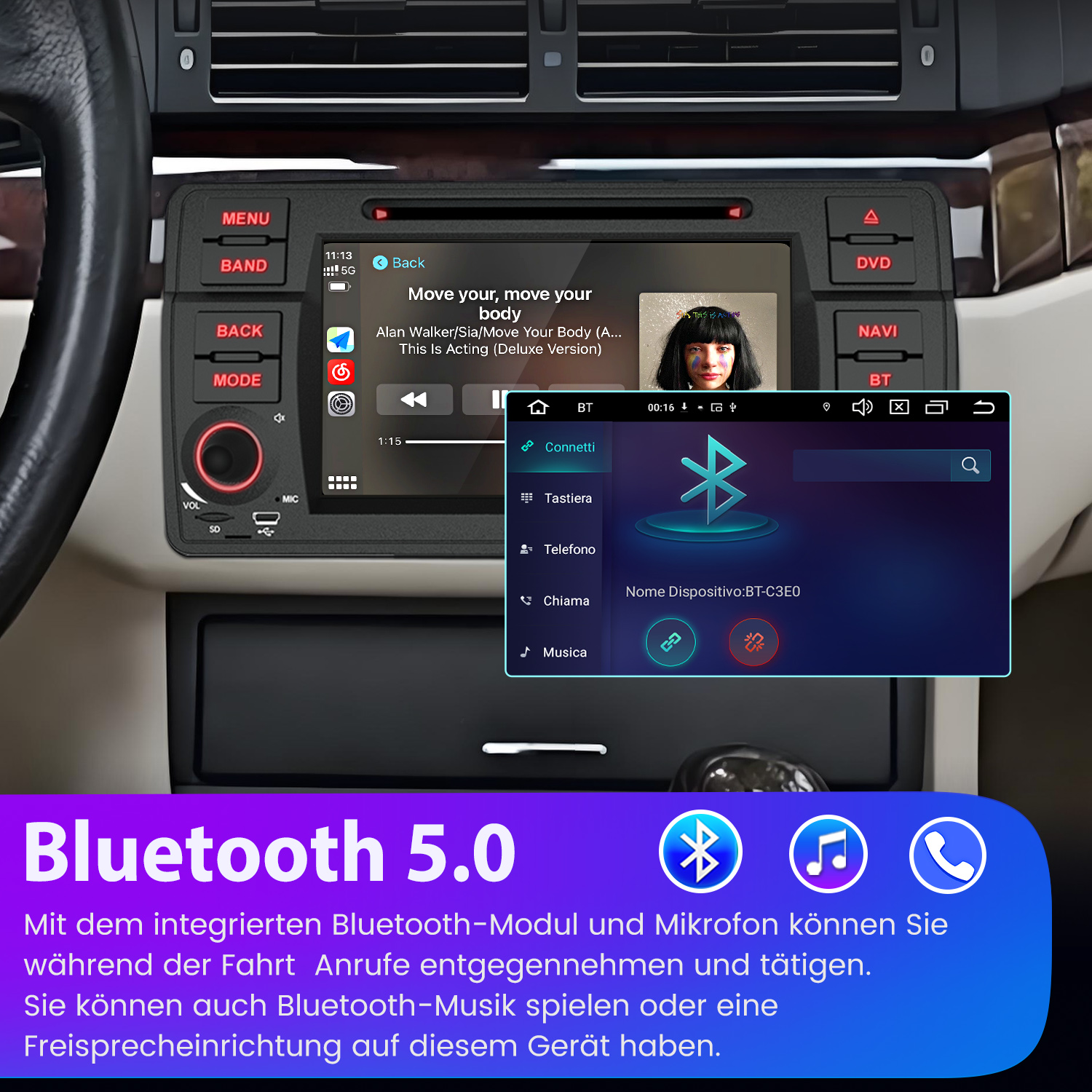 Auto-Infotainmentsystem mit Musikwiedergabe und Bluetooth-Menü.