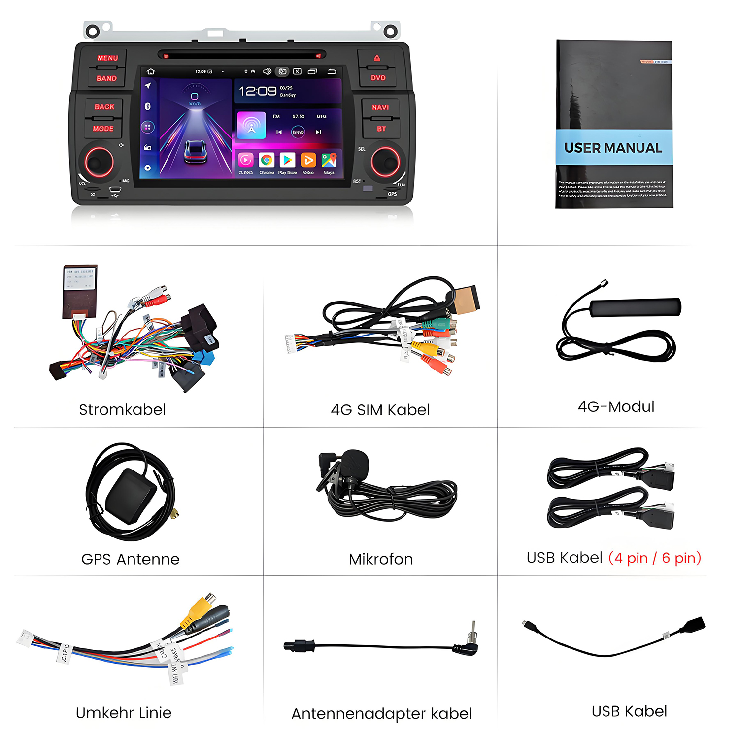 Ein Autoradio-Display mit Zubehör: Stromkabel, SIM-Kabel, GPS, Mikrofon, USB-Kabel.