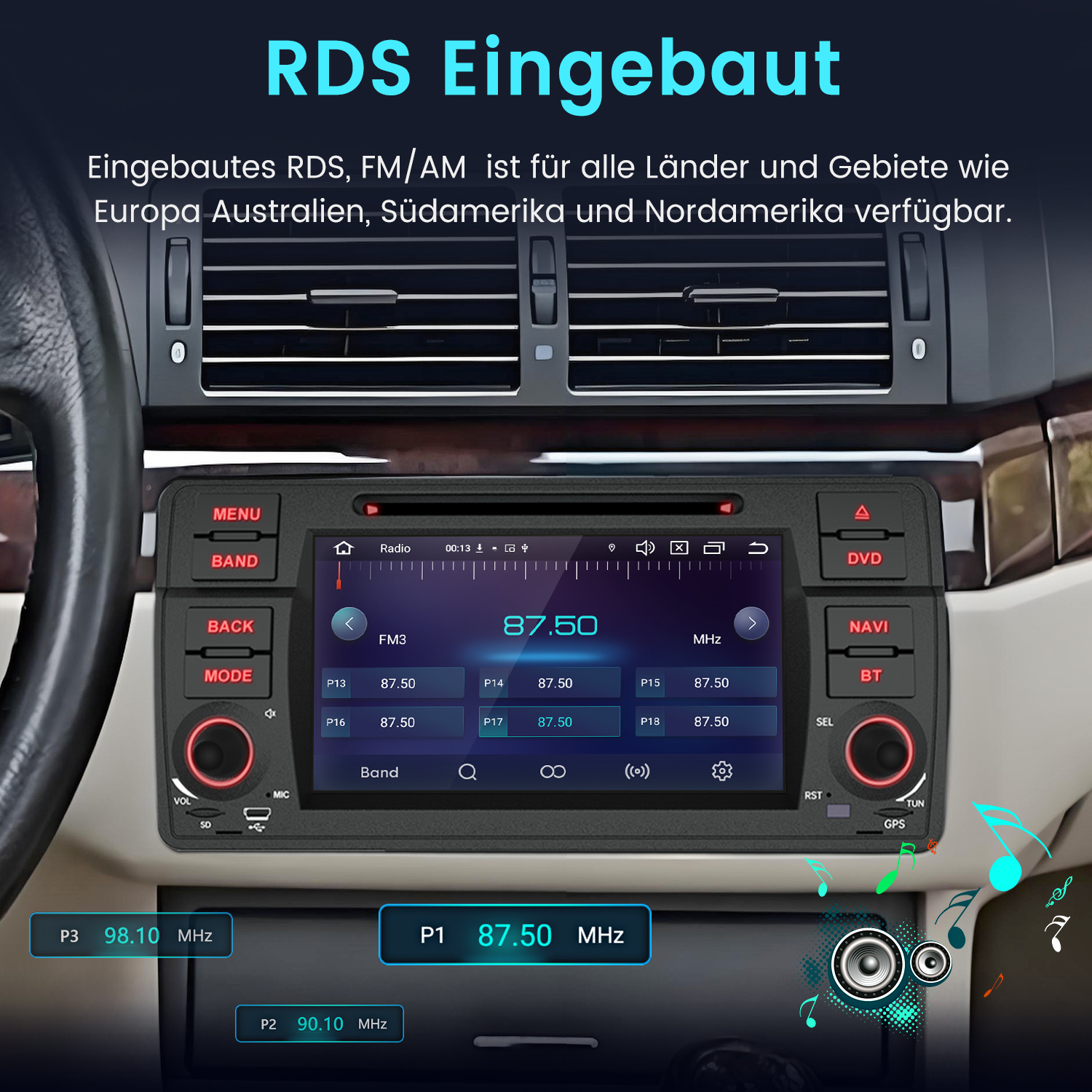 Autoradio mit Touchscreen zeigt FM3 87.50 MHz an.