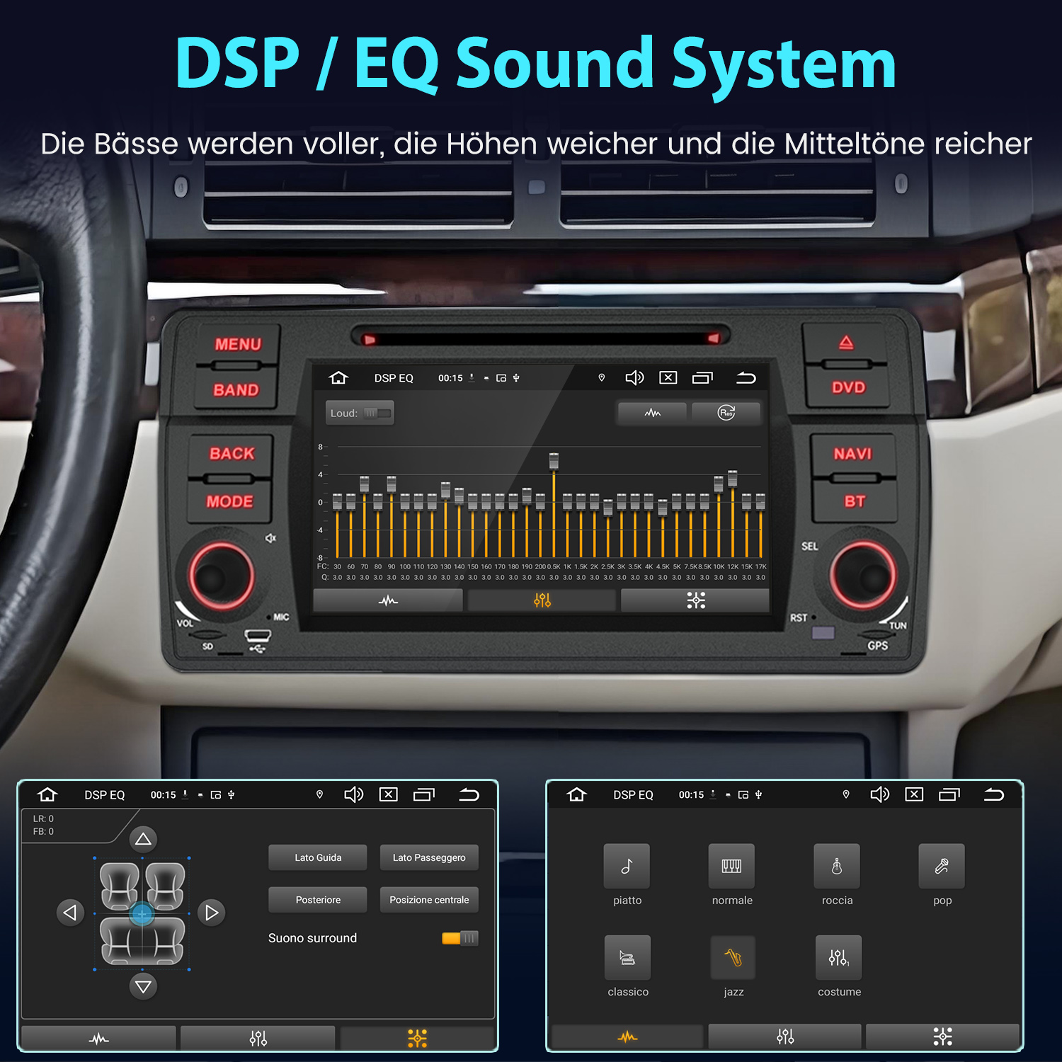 Ein Autoradio-Display zeigt einen Equalizer, Soundeinstellungen und Menüs.