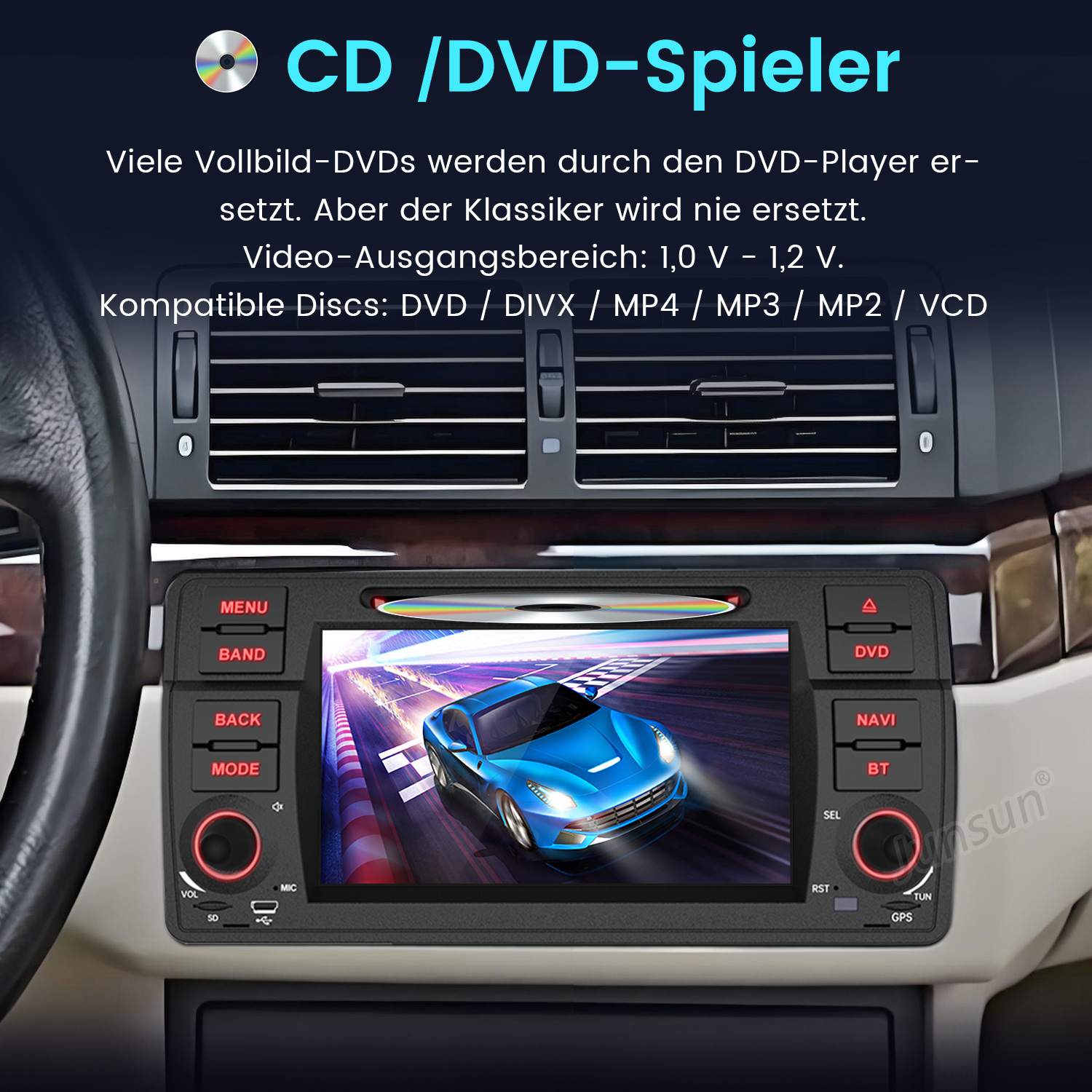 Ein Autoradio-Bildschirm zeigt einen blauen Sportwagen auf einer Rennstrecke.