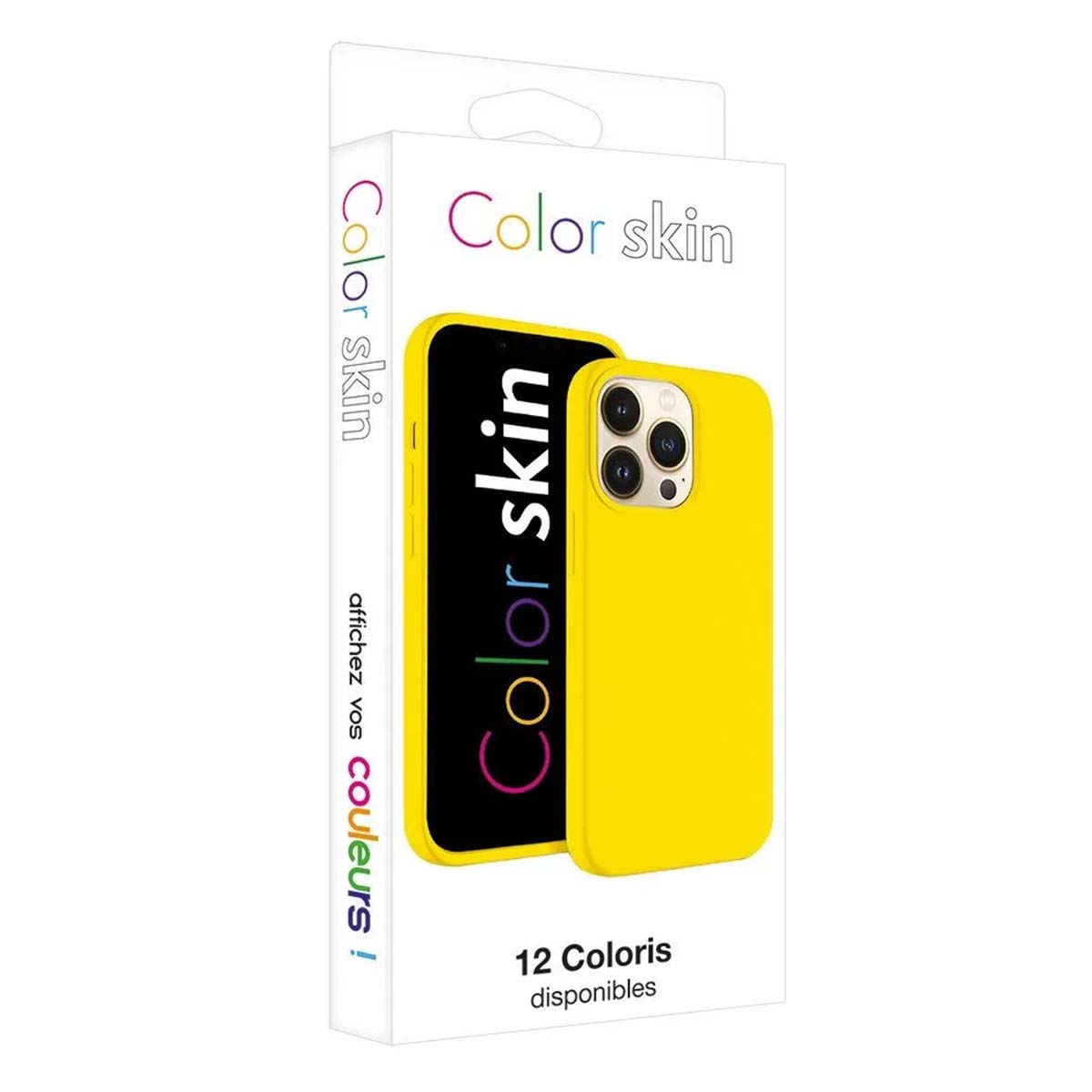 Gelbe Handyhülle mit "Color skin"-Aufschrift auf der Verpackung.