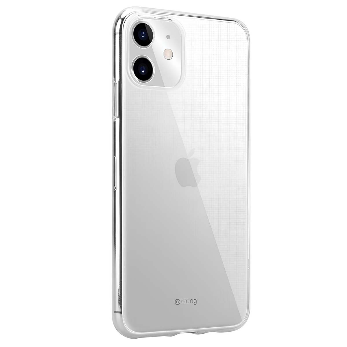 Una cover trasparente per telefono con motivo a scacchi e logo Apple.