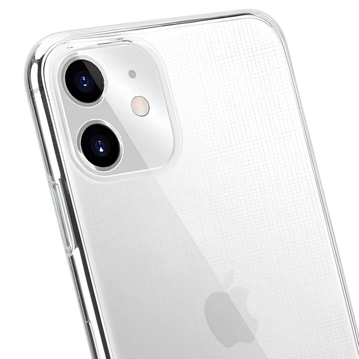 Custodia trasparente per telefono con due fotocamere e logo Apple.
