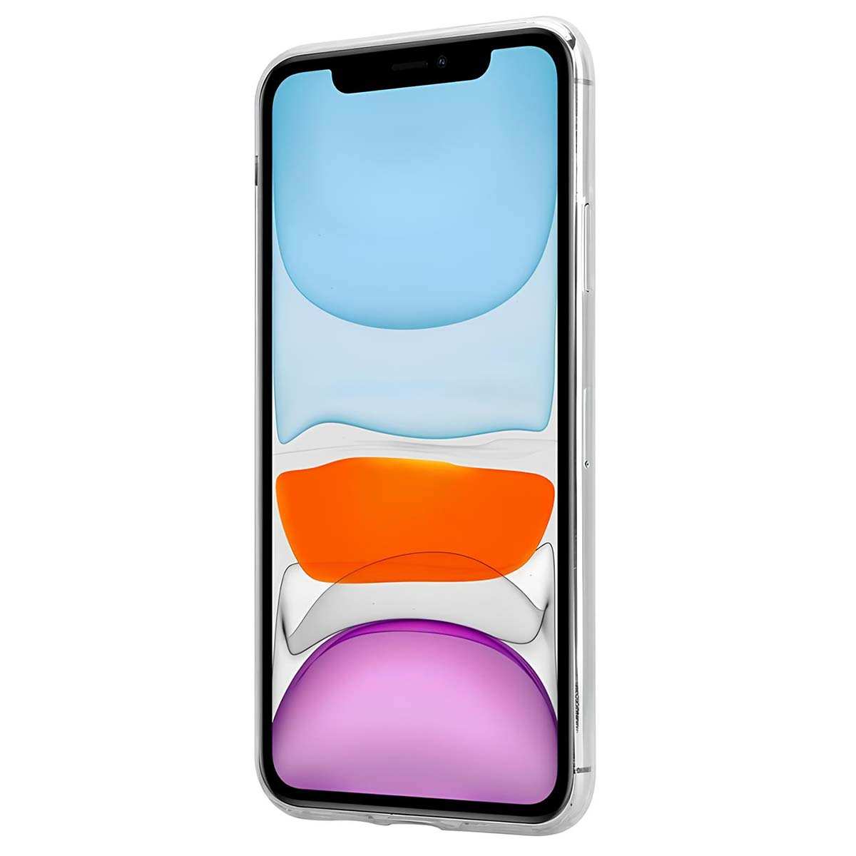 Una custodia trasparente per iPhone con uno sfondo colorato blu, arancione e viola.