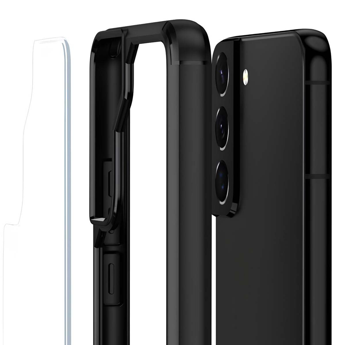 Una custodia nera per telefono e un telefono con tre fotocamere su sfondo bianco.