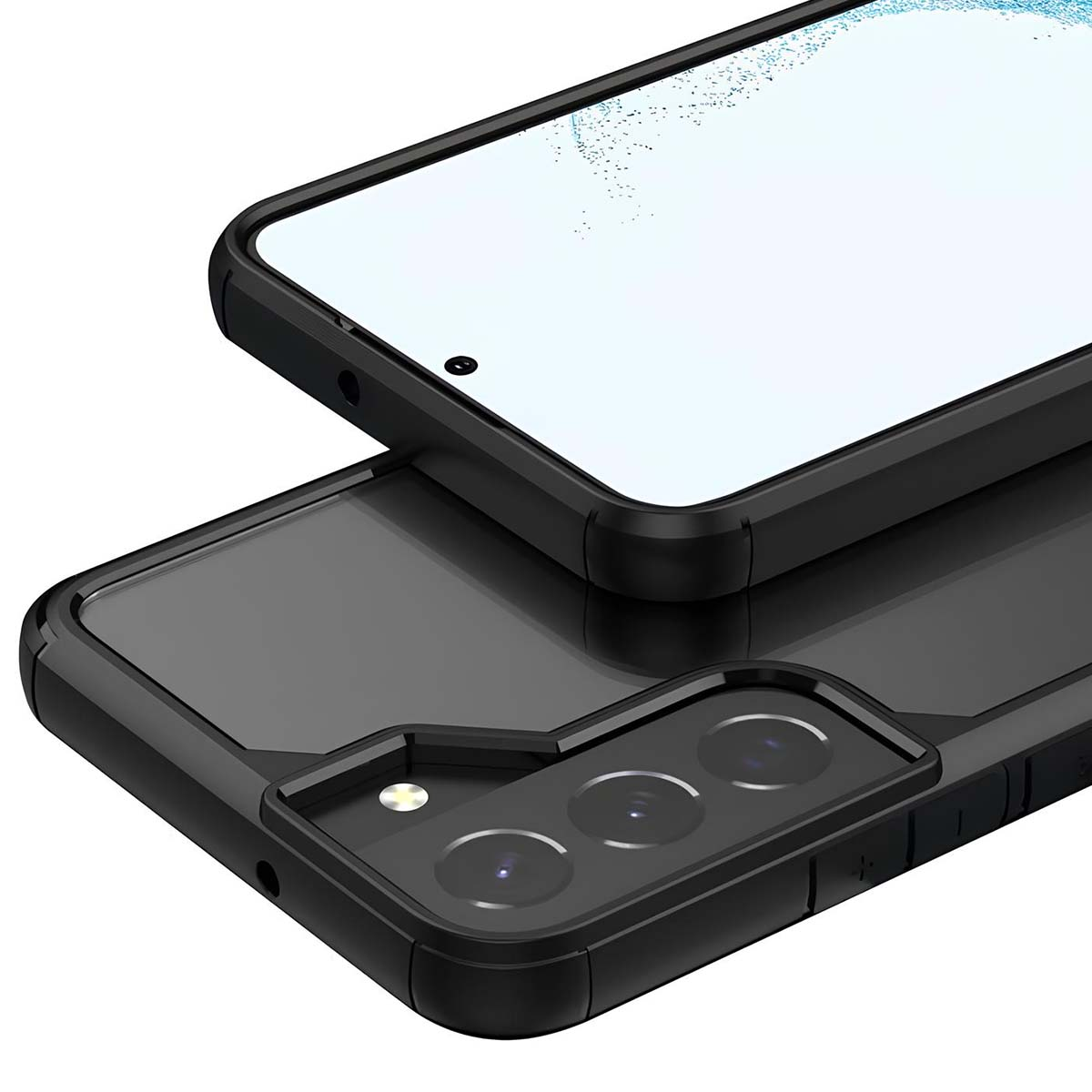 Custodia nera per telefono con tre fotocamere e schermo luminoso.