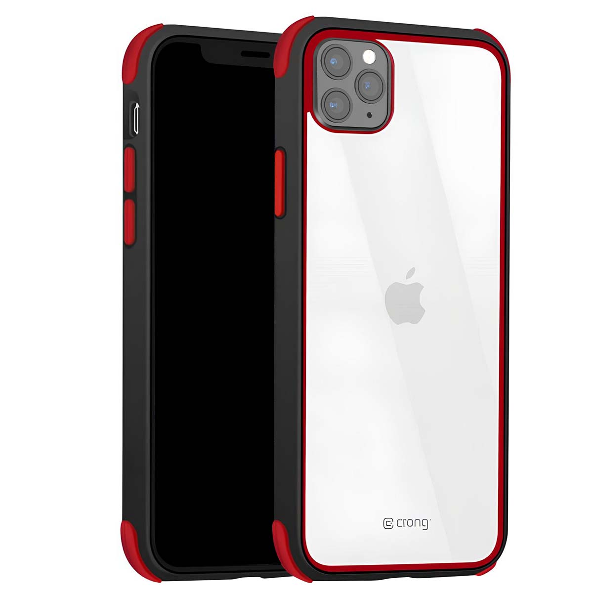 Un iPhone nero con bordo rosso e retro trasparente.