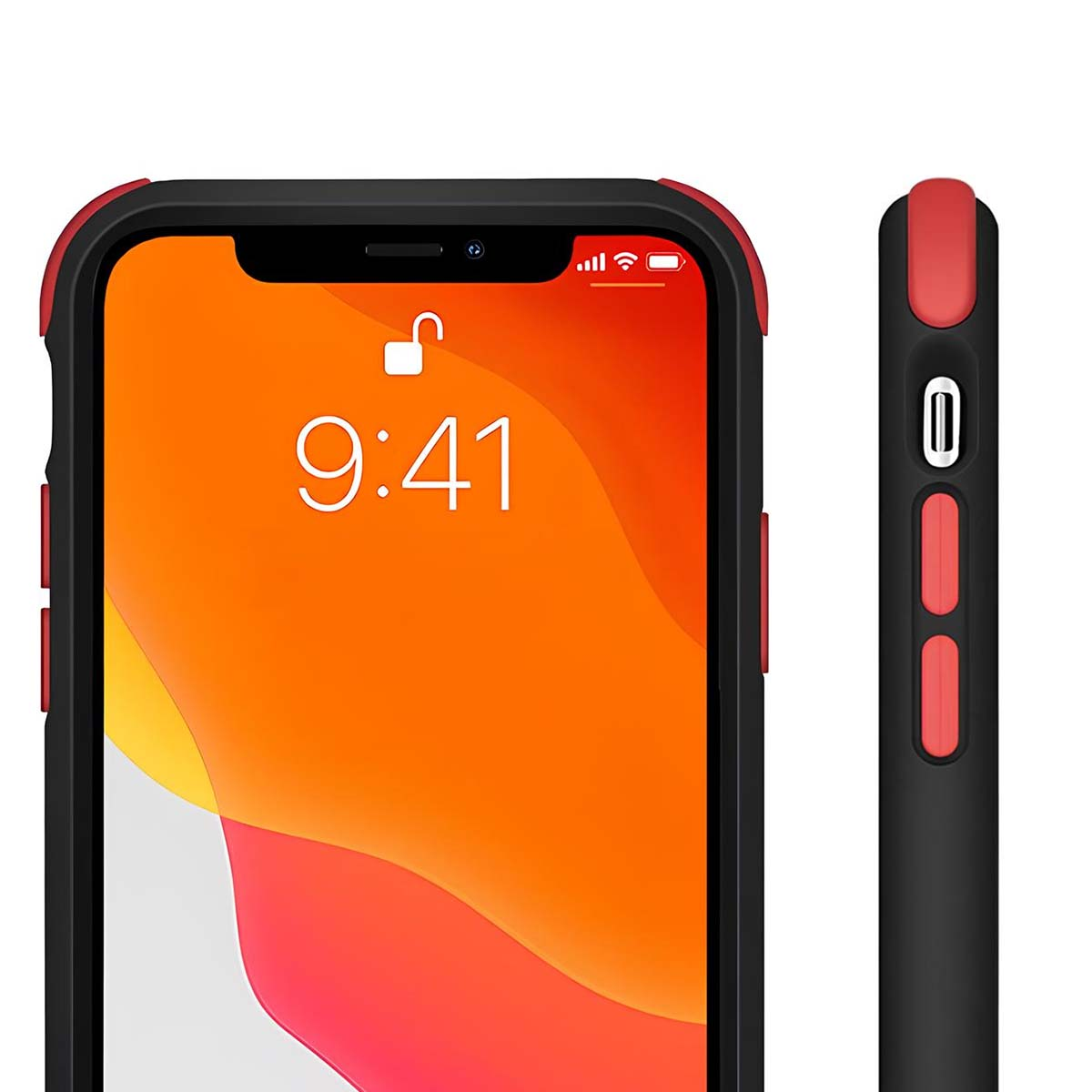 Custodia nera e rossa per telefono con schermo bloccato alle 9:41.